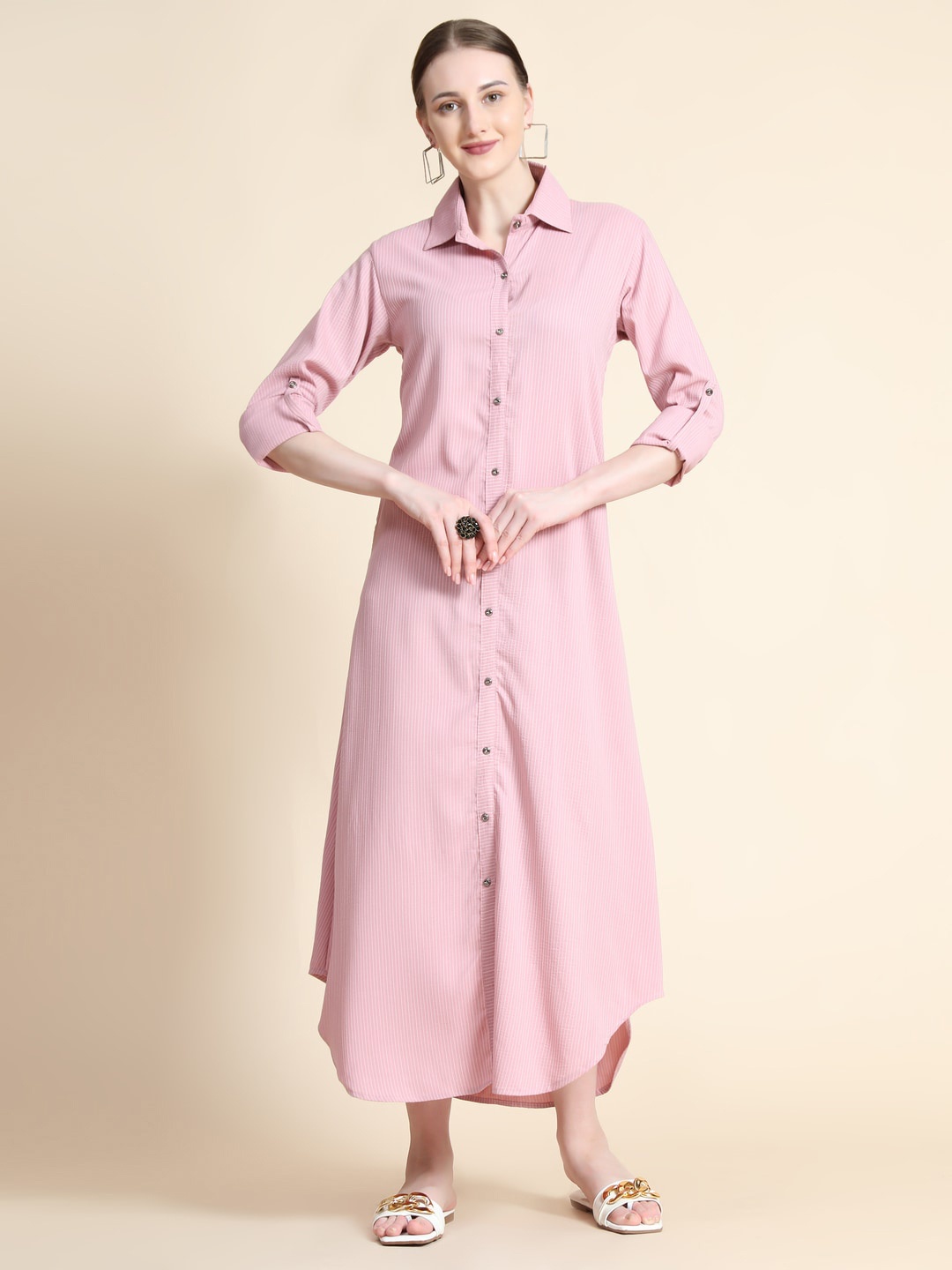 

Rudraaksha Creations Shirt Collar Striped Hig Low Midi Shirt Dress, Pink