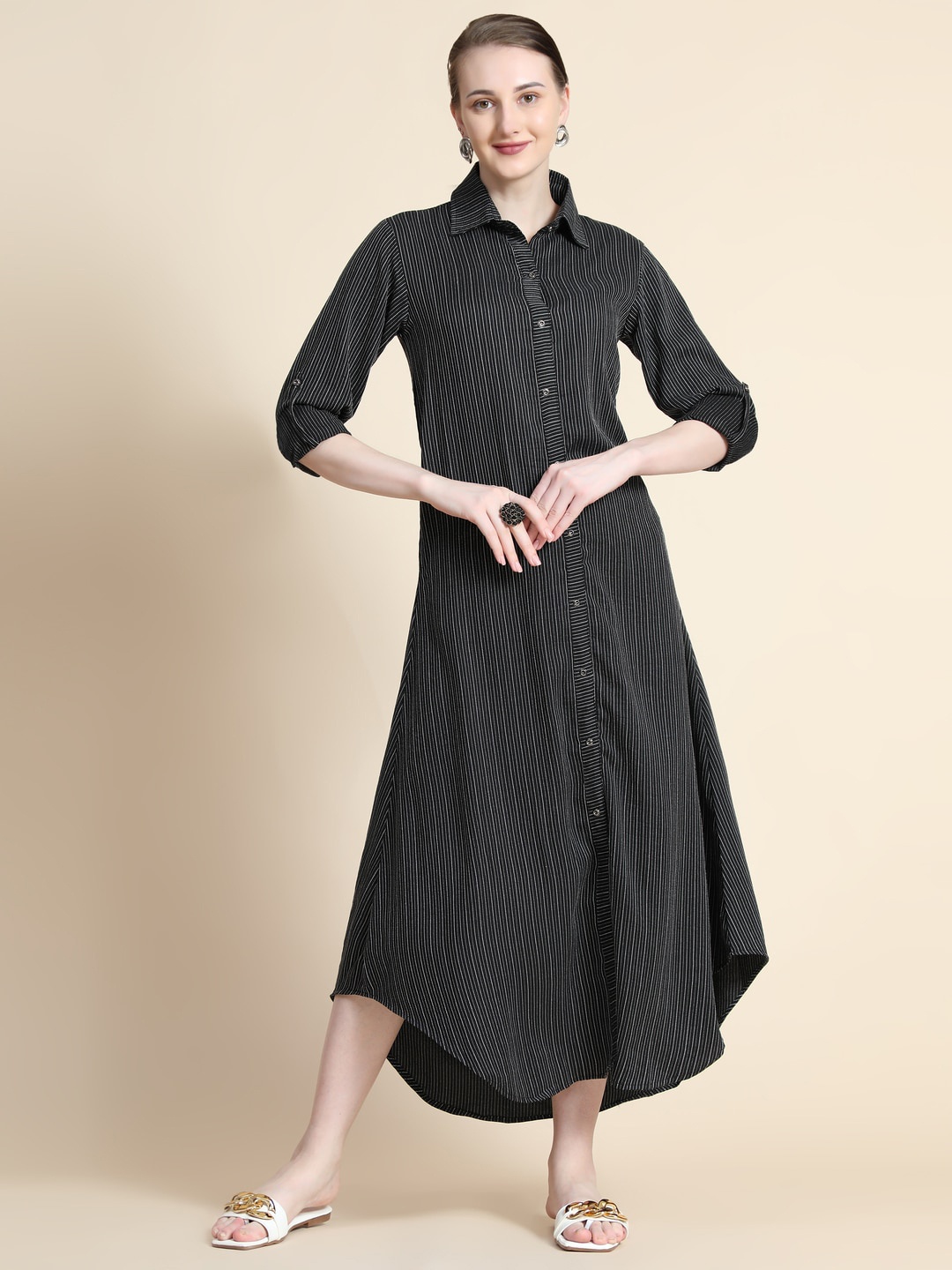 

Rudraaksha Creations Striped Roll-Up Sleeves Shirt Midi Dress, Black