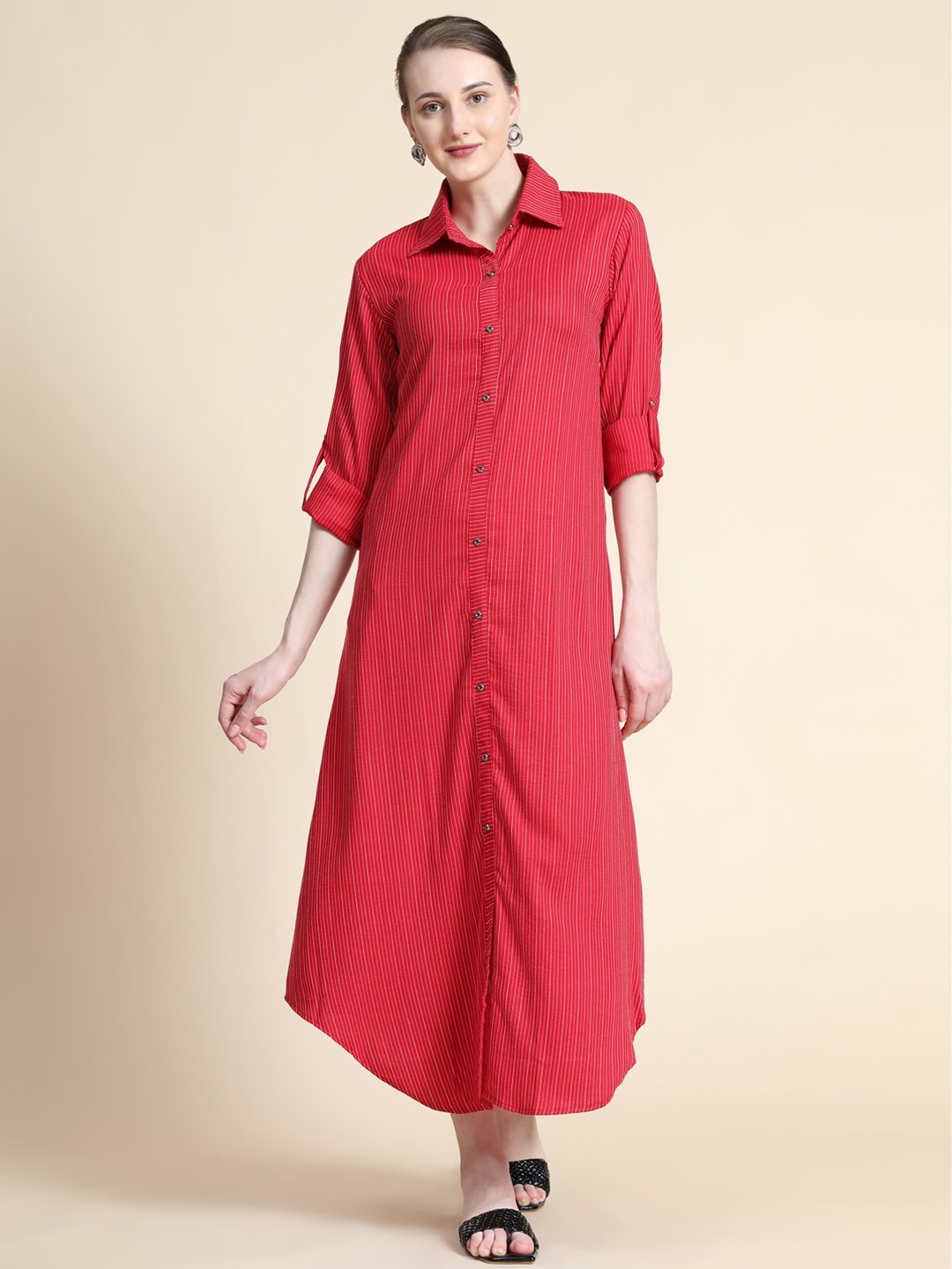 

Rudraaksha Creations Striped Roll-Up Sleeves Shirt Midi Dress, Red
