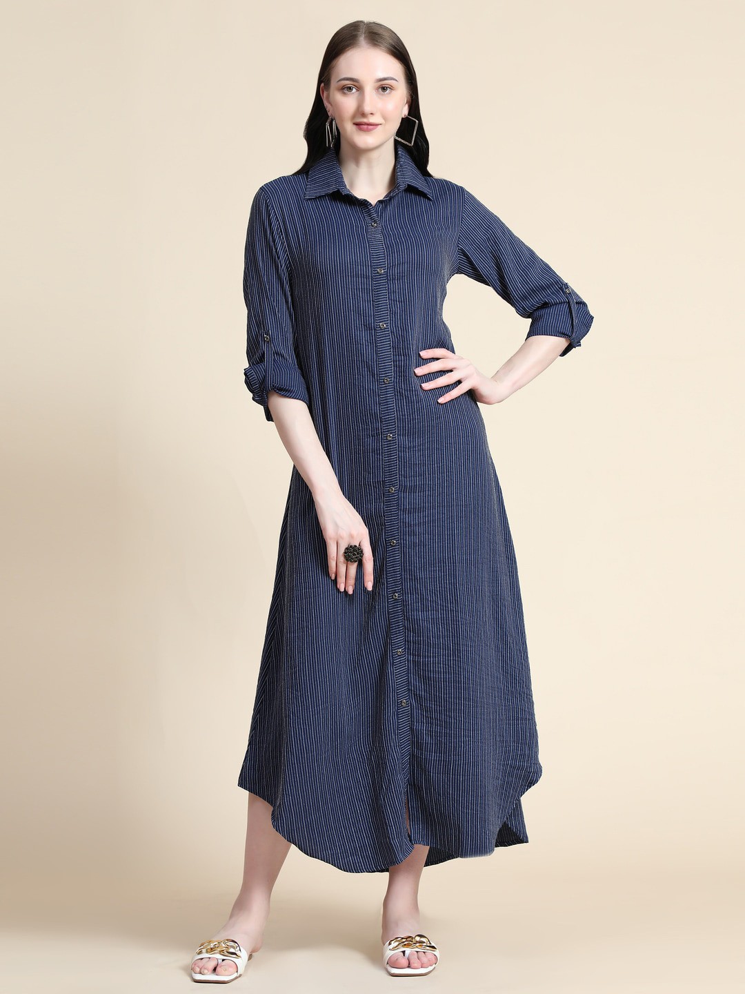 

Rudraaksha Creations Striped Roll-Up Sleeves Shirt Midi Dress, Navy blue