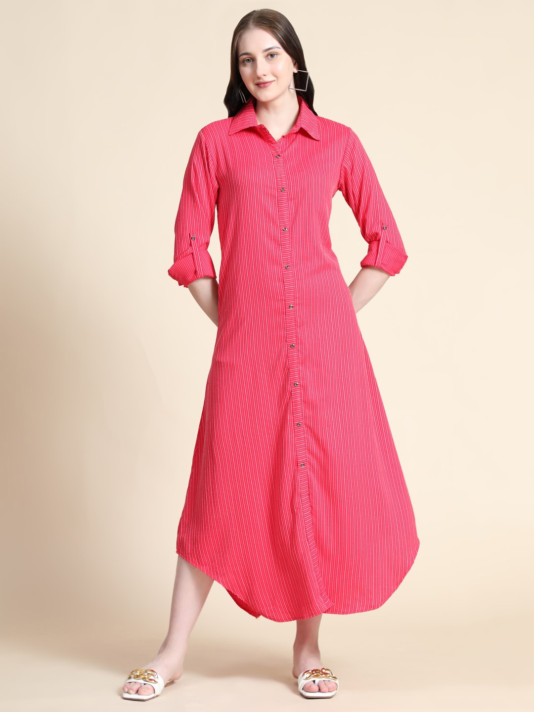 

Rudraaksha Creations Striped Roll-Up Sleeves Shirt Midi Dress, Pink