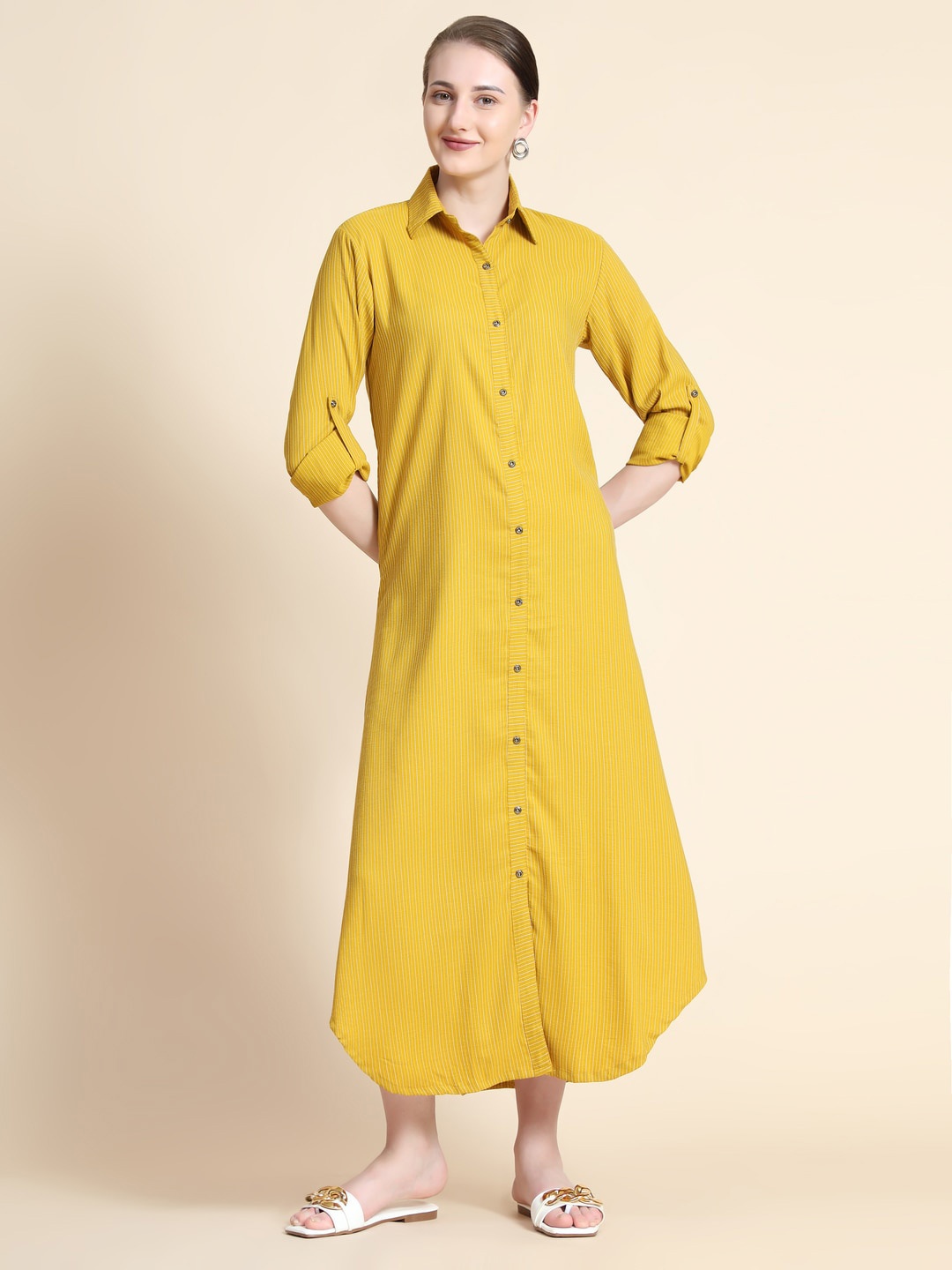 

Rudraaksha Creations Striped Roll-Up Sleeves Shirt Midi Dress, Yellow