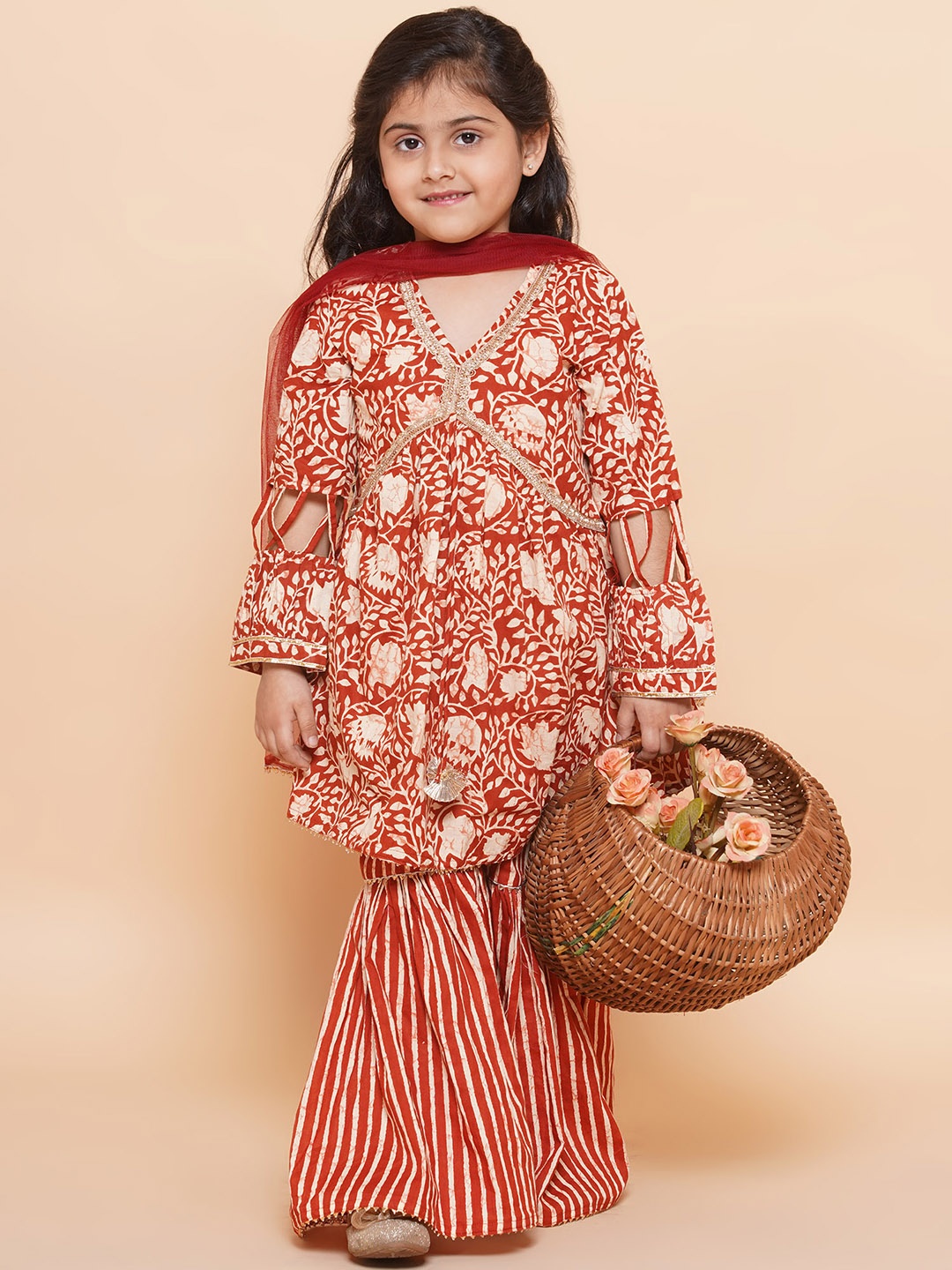 

Aj DEZInES Girls Printed Gotta Patti A-Line Pure Cotton Kurta with Sharara & Dupatta, Coral