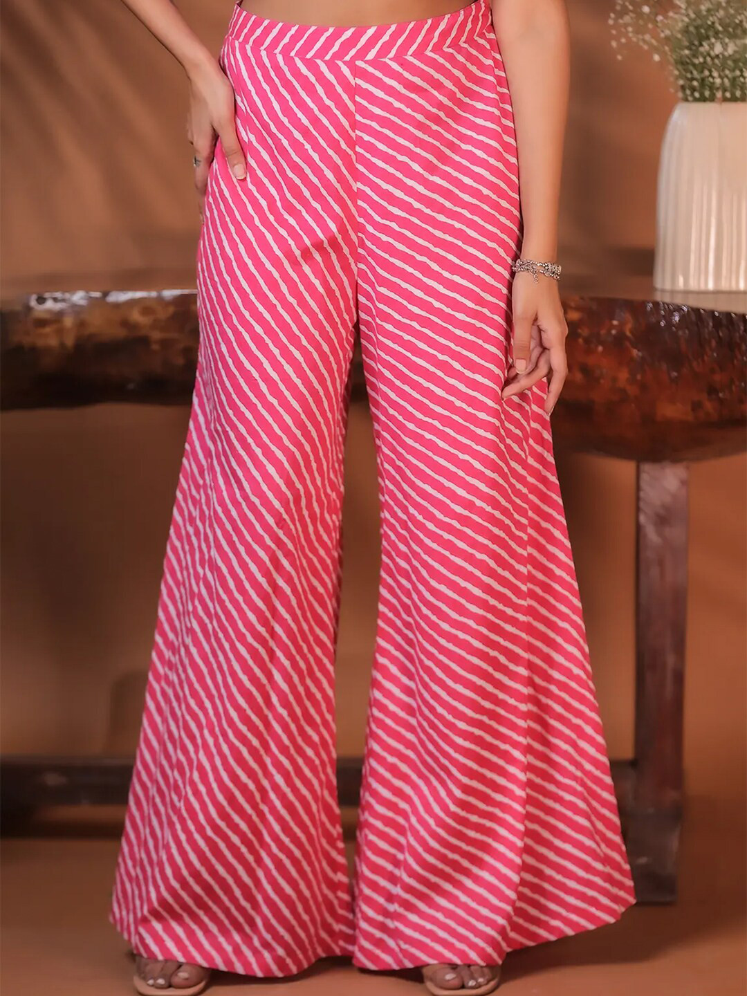 

Alaya By Stage3 Flared Fit Striped Cotton Palazzos, Pink