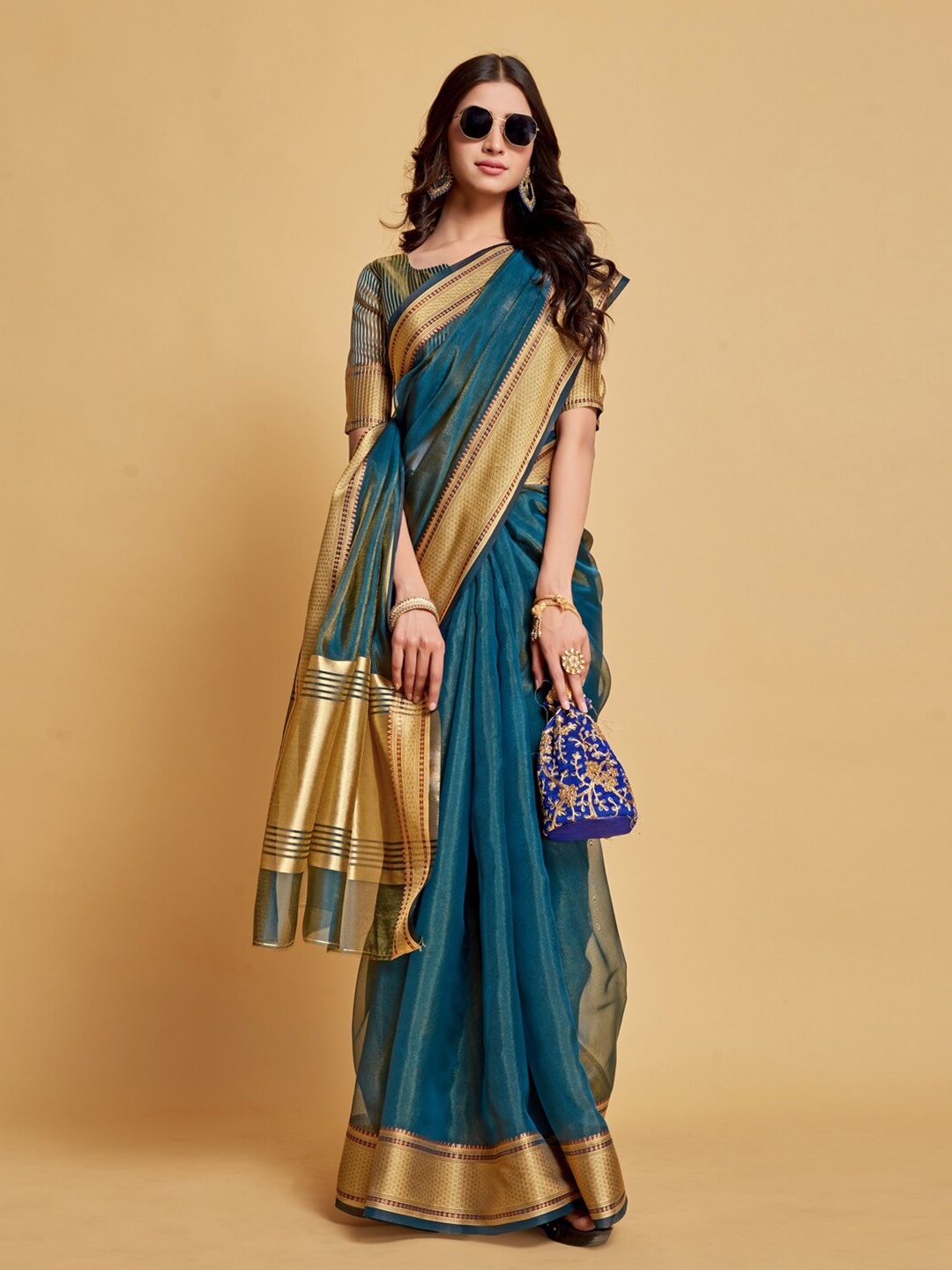 

Pisara Woven Design Border Zari Organza Saree, Teal