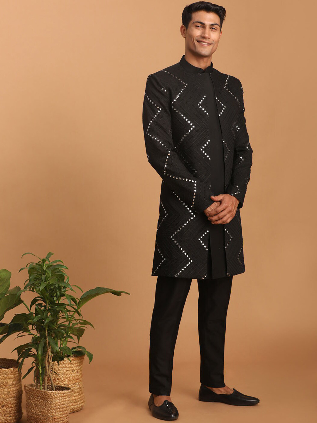 

SHRESTHA BY VASTRAMAY Embroidered Mirror Work Sherwani Set, Black