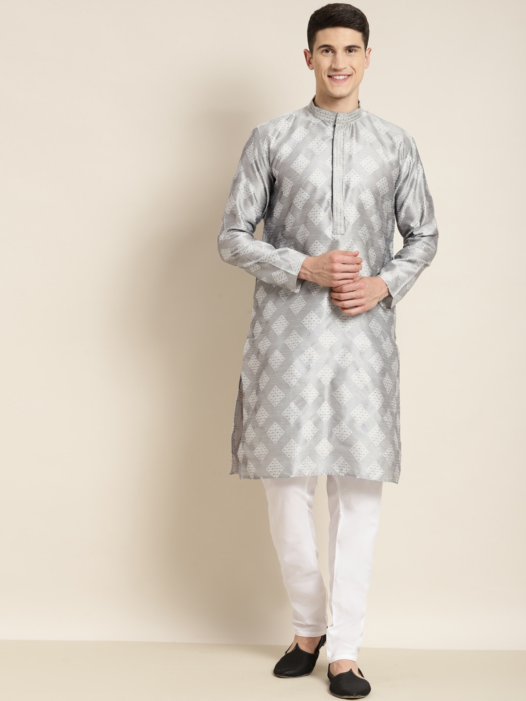 

SOJANYA Ethnic Motifs Printed Mandarin Collar Thread Work Silk Cotton Kurta, Grey