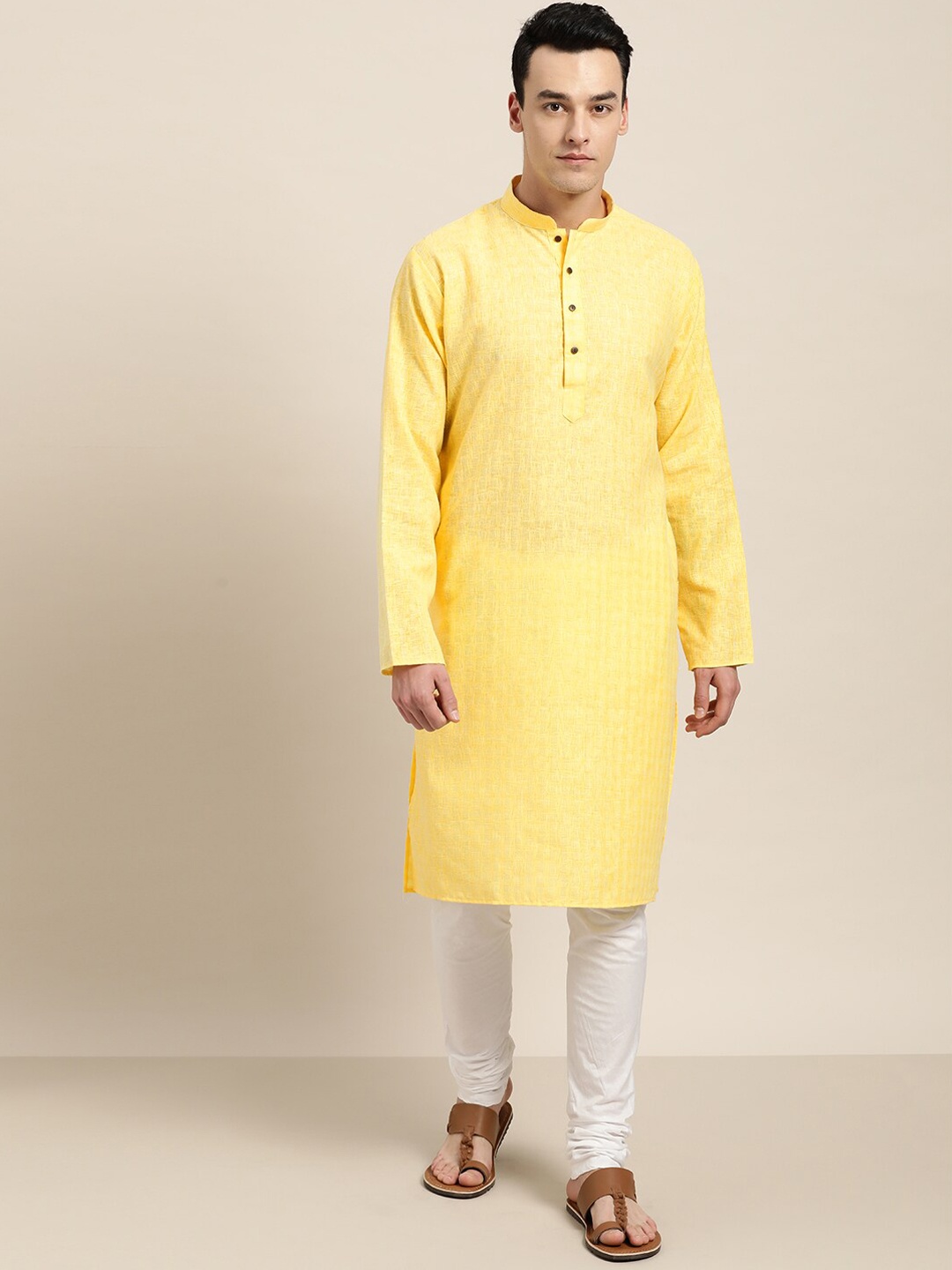 

SOJANYA Woven Design Mandarin Collar Cotton Linen Kurta, Yellow