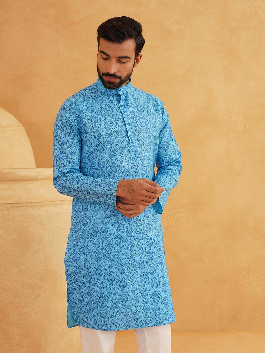 

SOJANYA Ethnic Motifs Printed Mandarin Collar Linen Cotton Kurta, Blue