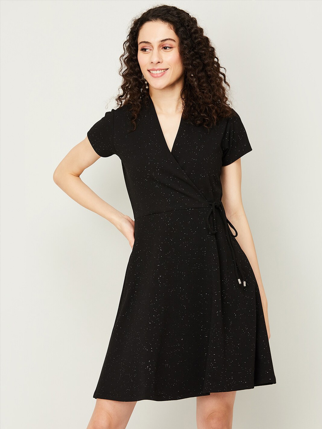 

CODE by Lifestyle Self Design Sparkly Detail V-Neck Wrap Dress, Black