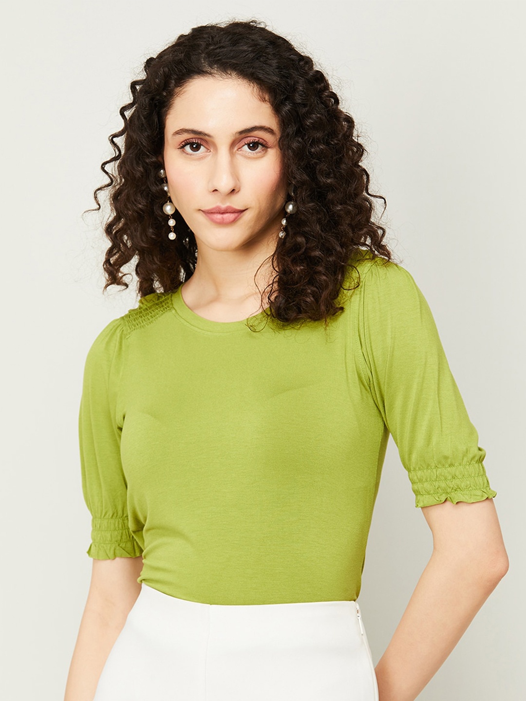 

CODE by Lifestyle Round Neck Puff Sleeve Top, Green