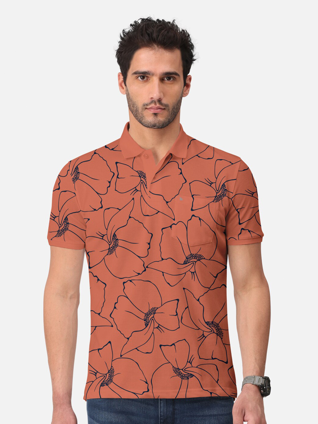 

BULLMER Floral Printed Polo Collar Short Sleeves Cotton T-shirt, Orange