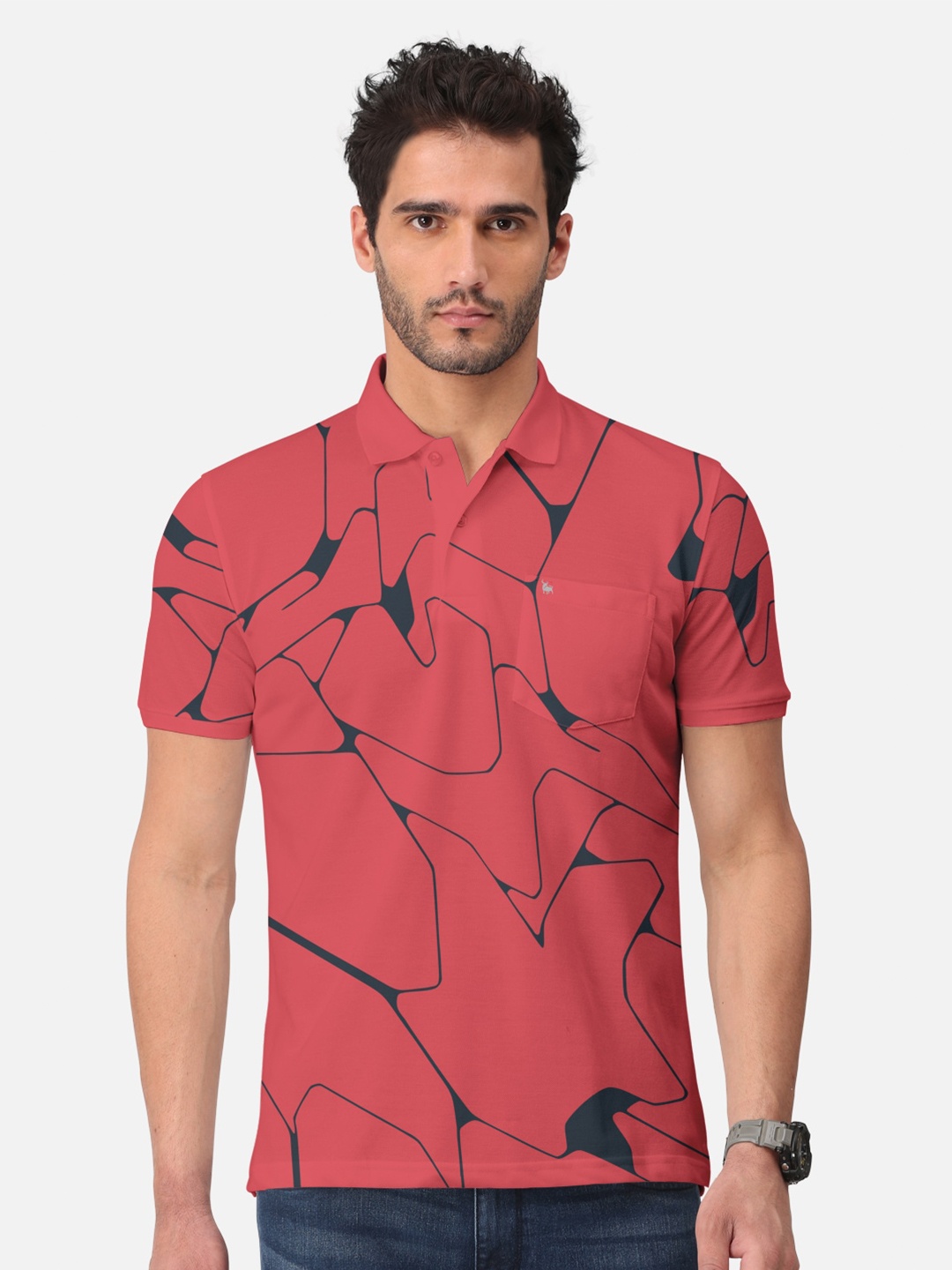 

BULLMER Abstract Printed Polo Collar Short Sleeves Cotton T-shirt, Coral