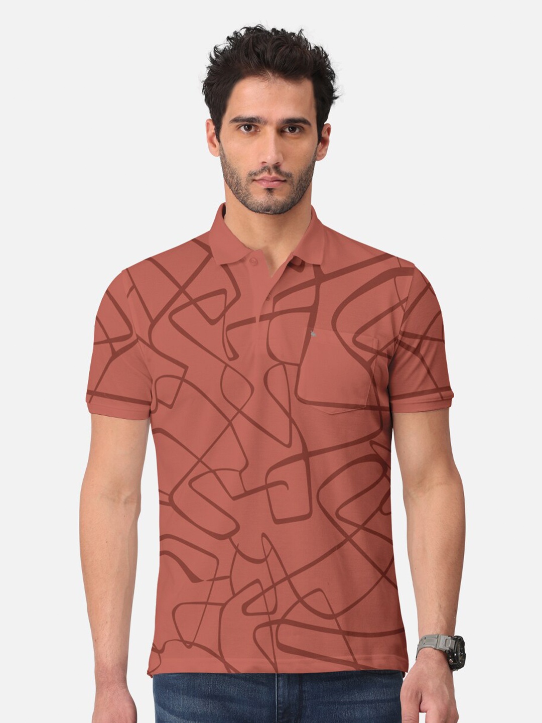 

BULLMER Abstract Print Polo Collar Short Sleeves Cotton T-shirt, Brown