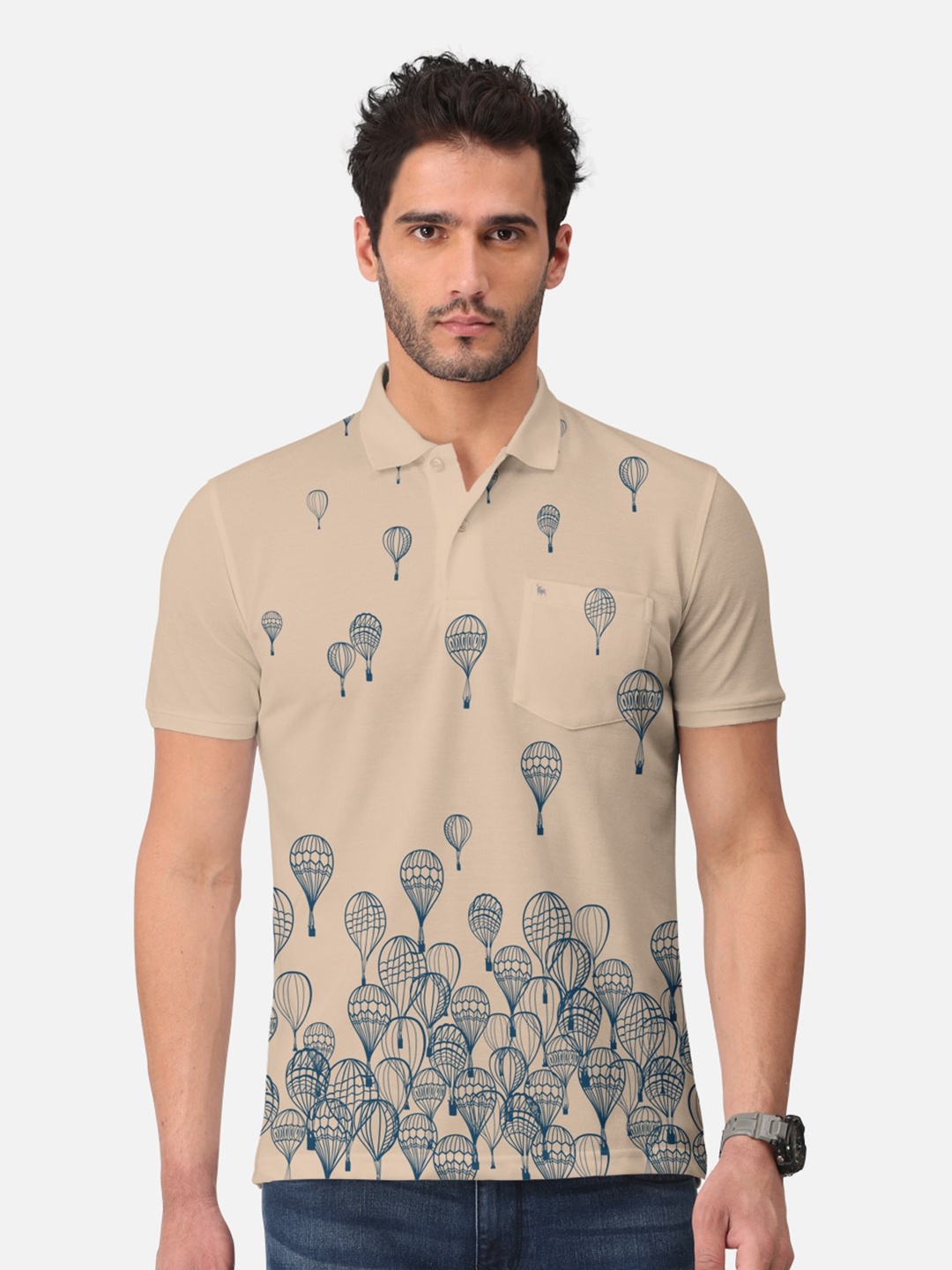 

BULLMER Conversational Print Polo Collar Short Sleeves Cotton T-shirt, Beige