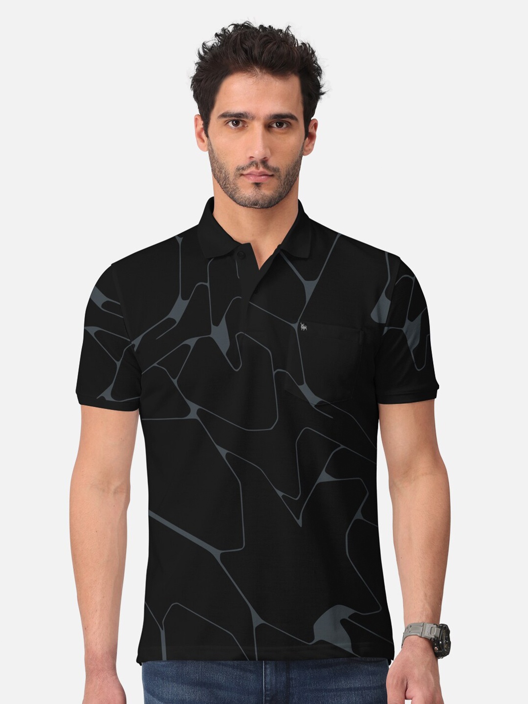 

BULLMER Abstract Printed Polo Collar Short Sleeves Cotton T-shirt, Black