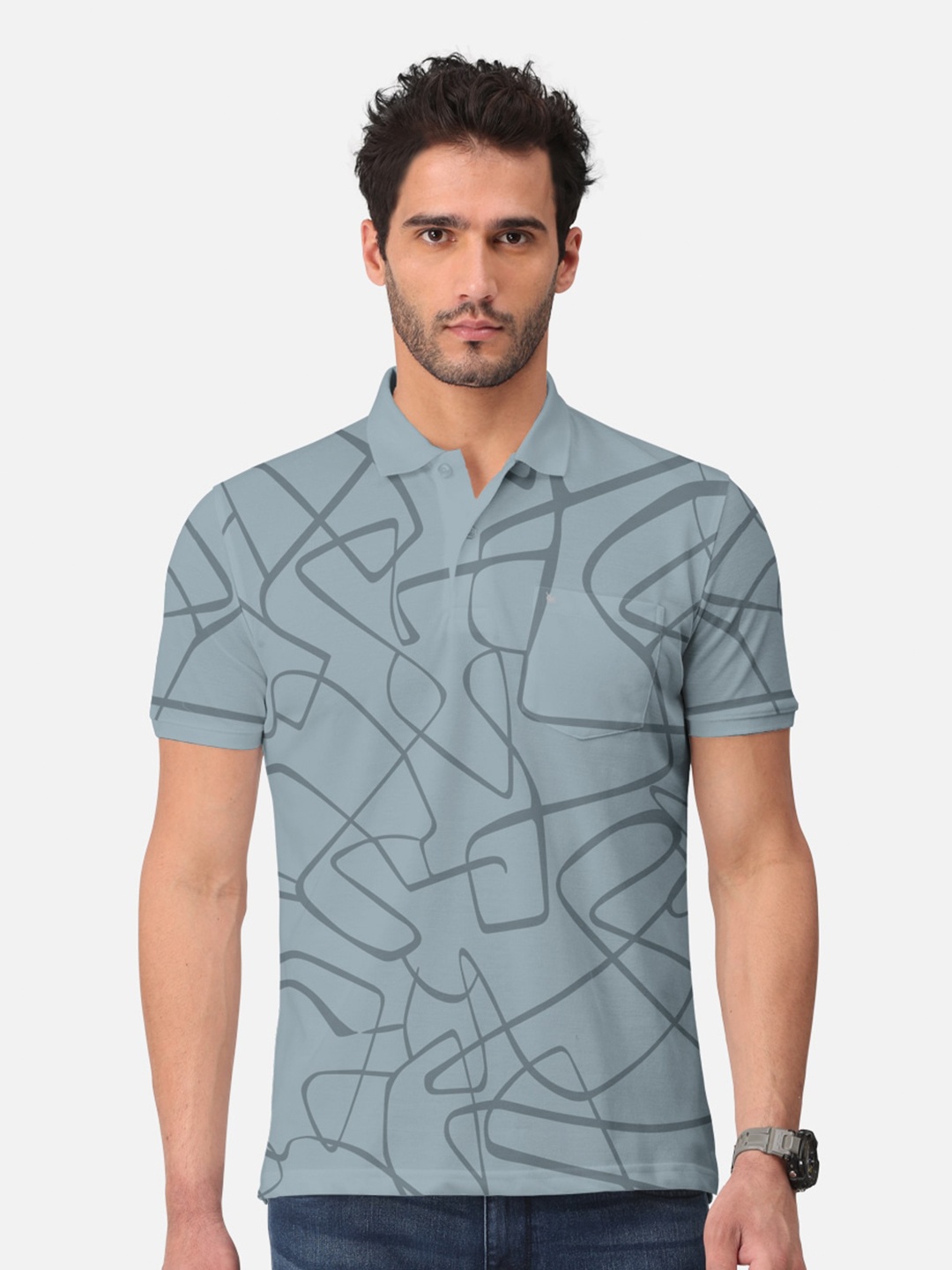 

BULLMER Abstract Printed Polo Collar Short Sleeves Cotton T-shirt, Grey