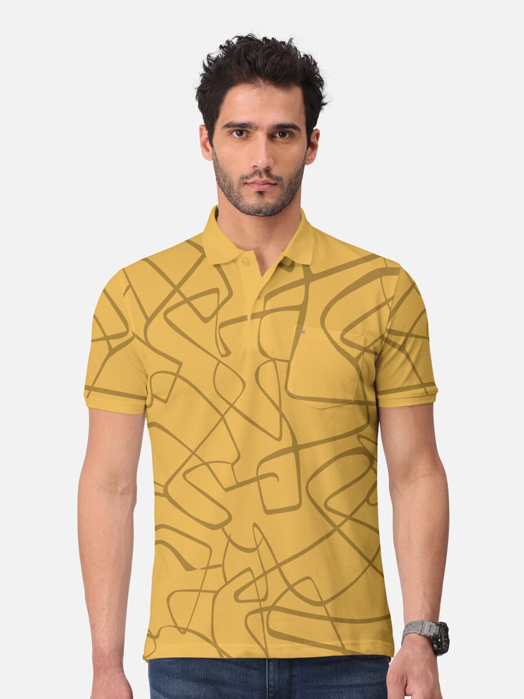 

BULLMER Abstract Printed Polo Collar Cotton T-shirt, Mustard