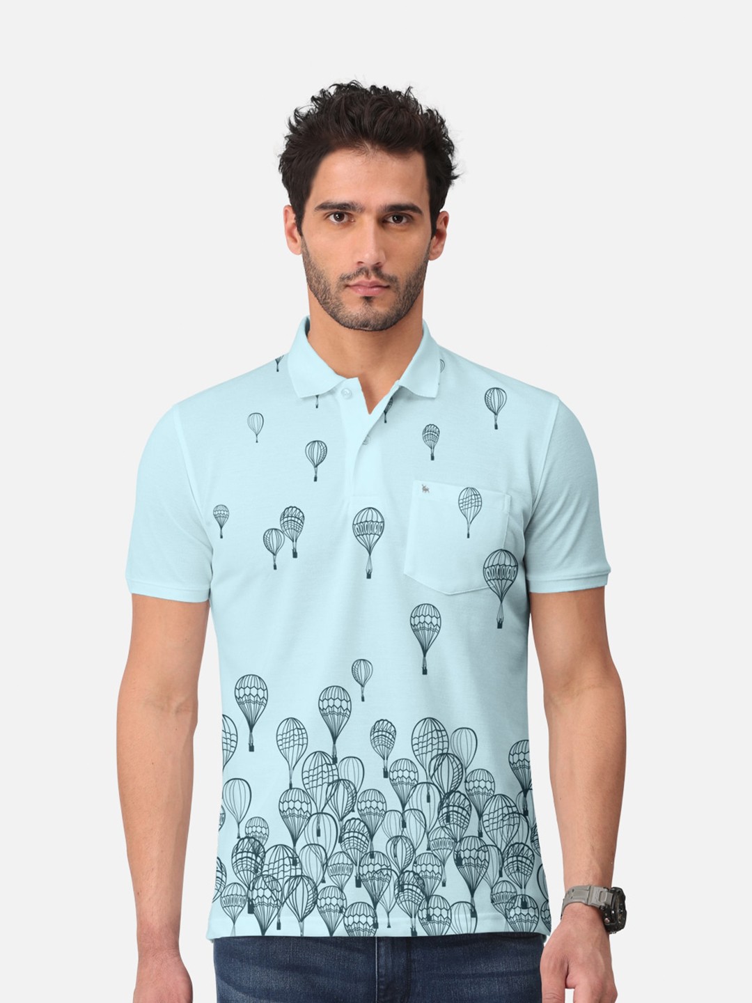 

BULLMER Conversational Printed Polo Collar Cotton T-shirt, Blue
