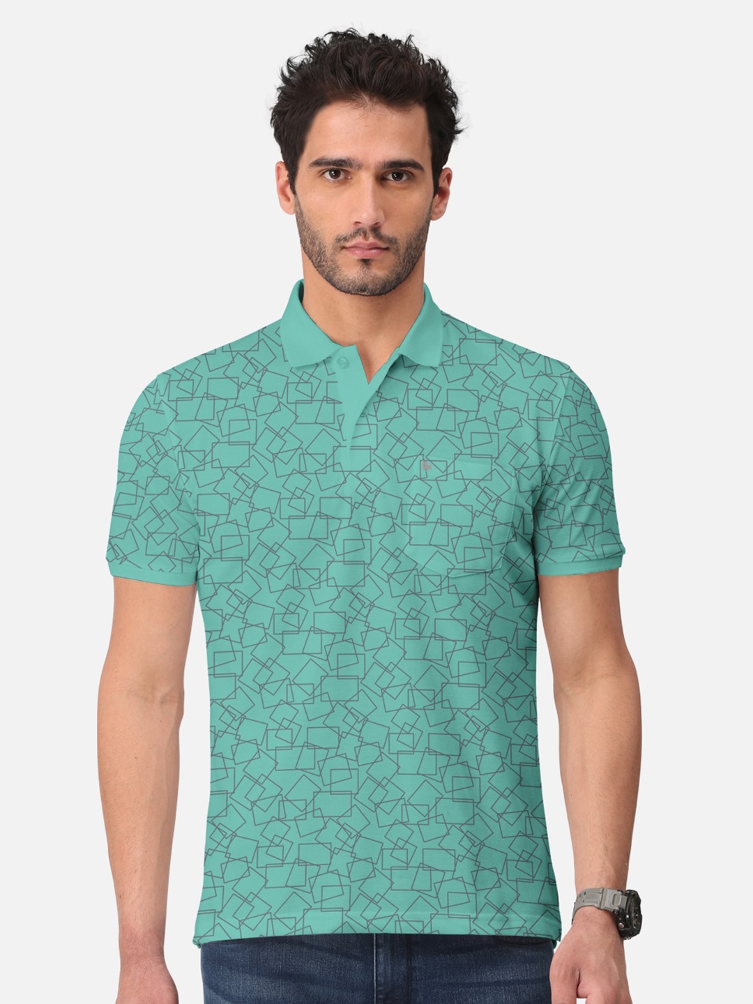 

BULLMER Geometric Printed Polo Collar Short Sleeves Cotton T-shirt, Sea green