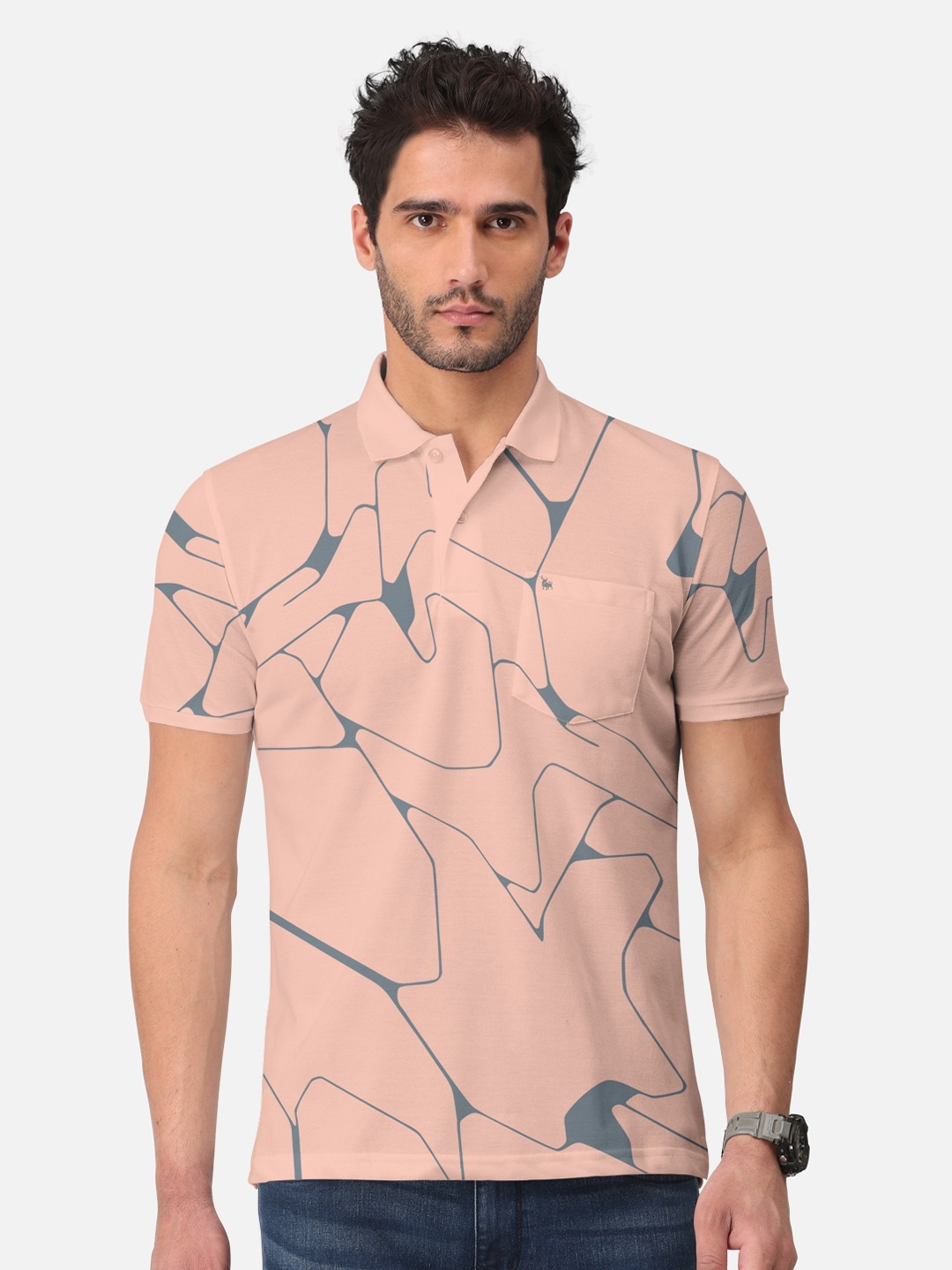 

BULLMER Abstract Printed Polo Collar Cotton T-shirt, Peach