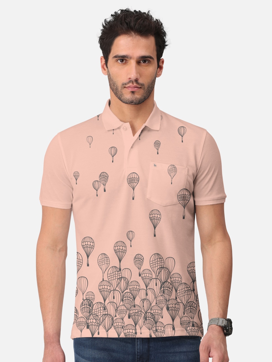 

BULLMER Conversational Printed Polo Collar Cotton T-shirt, Peach