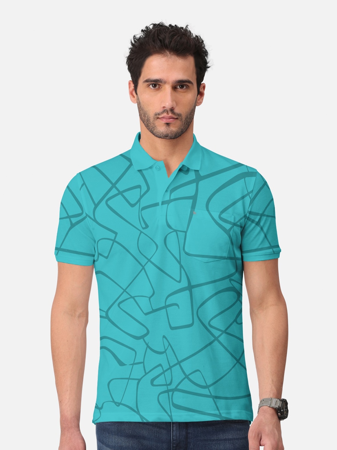 

BULLMER Abstract Printed Polo Collar Short Sleeves Cotton T-shirt, Teal