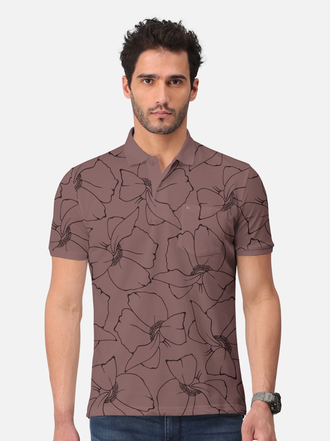 

BULLMER Floral Printed Polo Collar Cotton T-shirt, Taupe