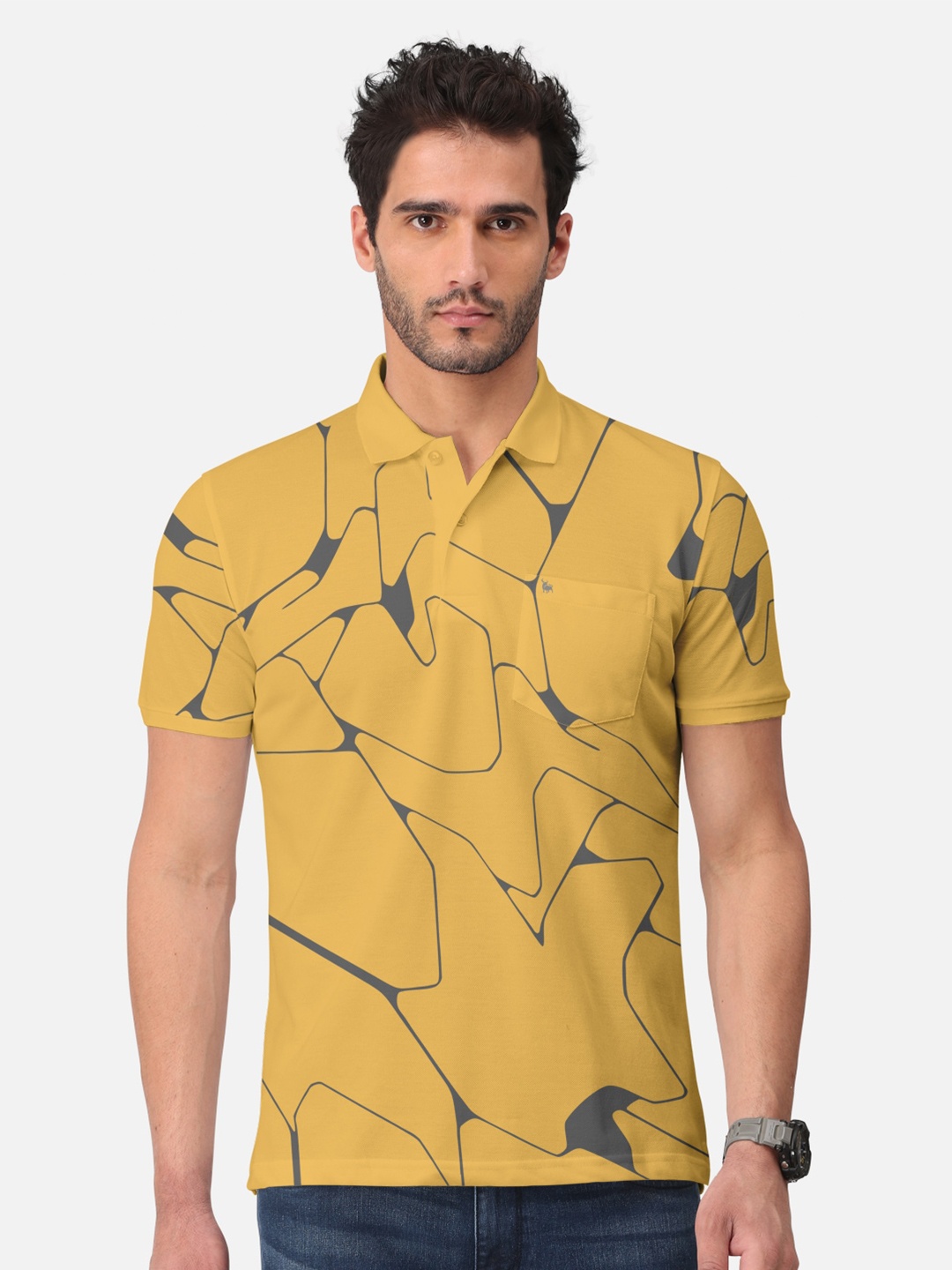 

BULLMER Abstract Printed Polo Collar Short Sleeves Cotton T-shirt, Mustard