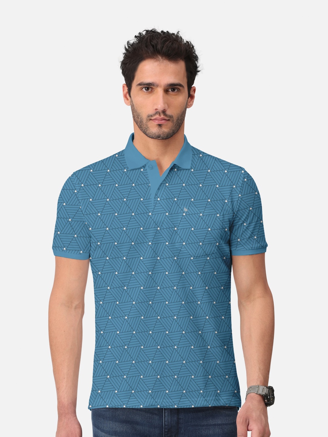 

BULLMER Geometric Printed Polo Collar Cotton T-shirt, Blue