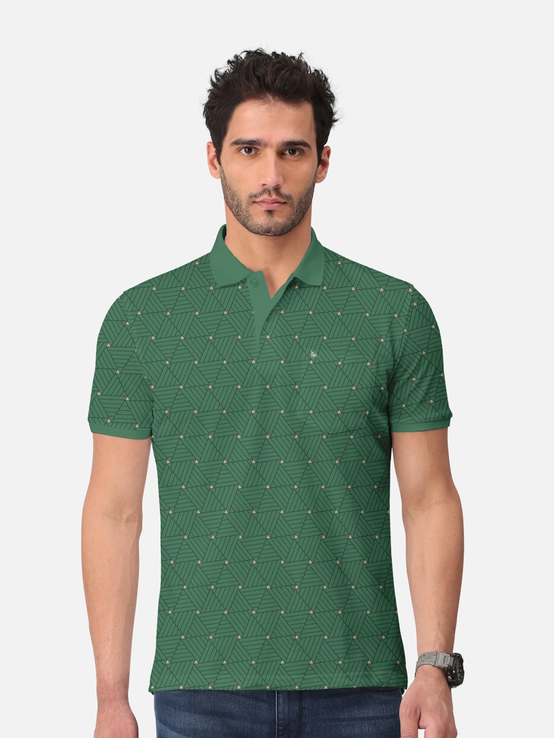 

BULLMER Geometric Printed Polo Collar Short Sleeves Cotton T-shirt, Green
