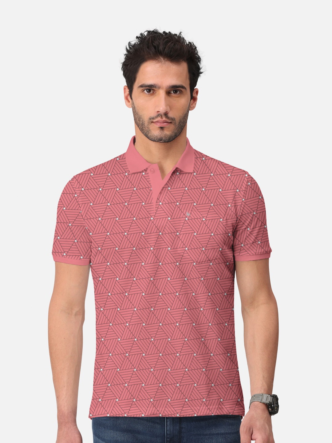 

BULLMER Geometric Printed Polo Collar Short Sleeves Cotton T-shirt, Pink