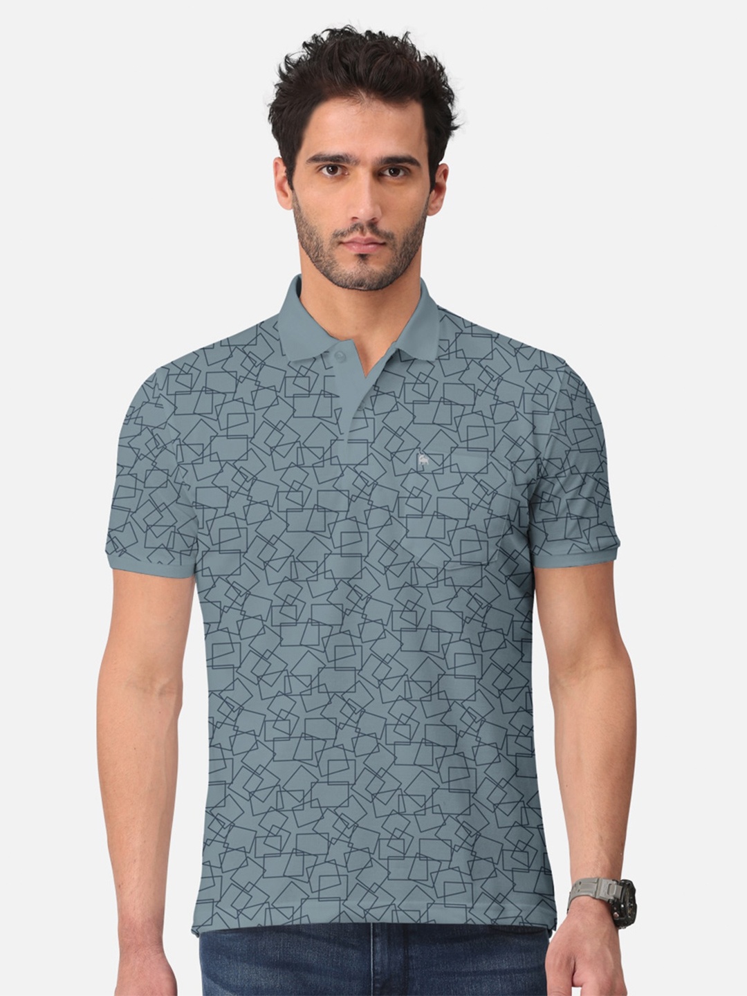 

BULLMER Geometric Printed Polo Collar Short Sleeves Cotton T-shirt, Grey