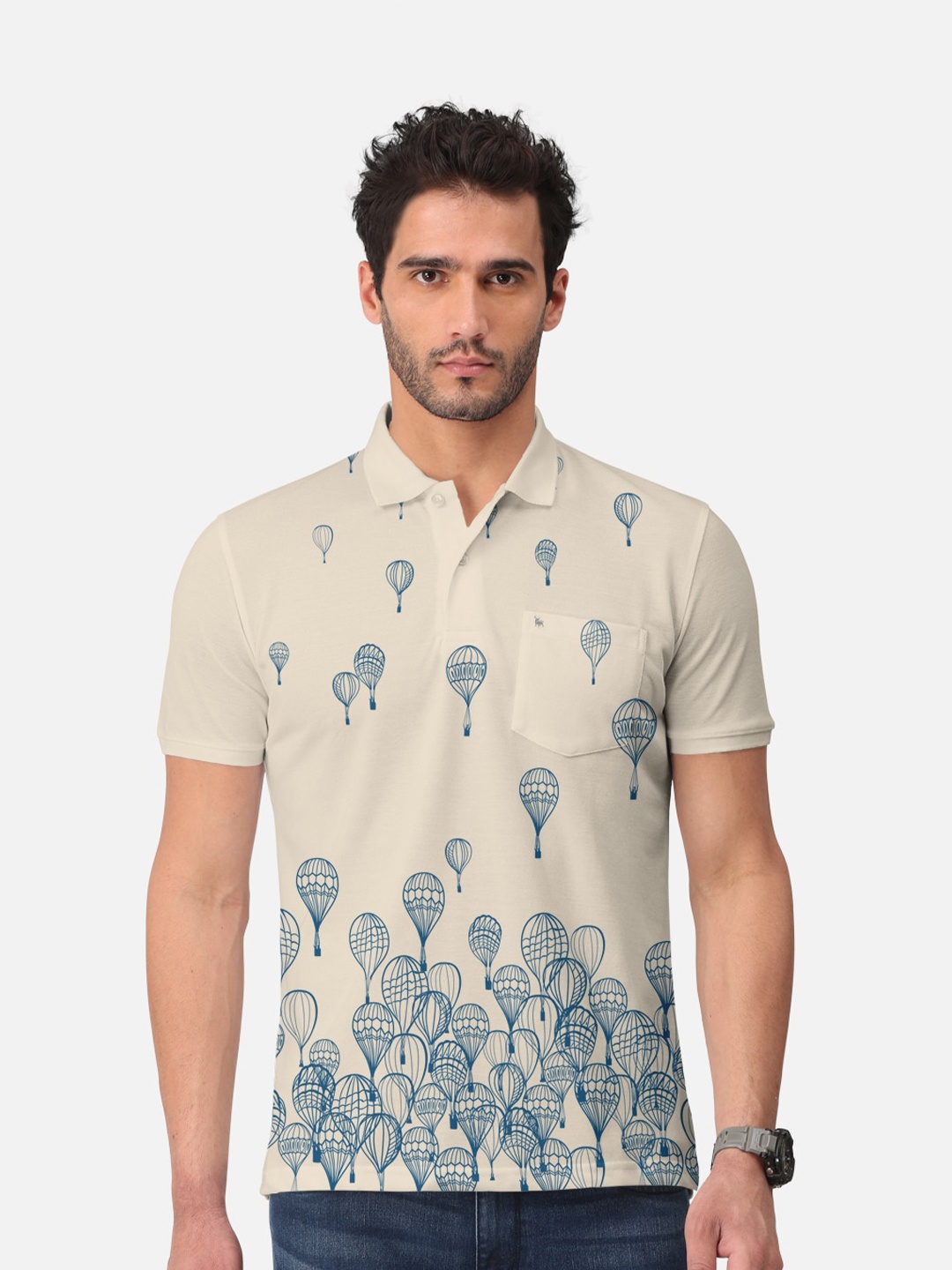 

BULLMER Conversational Printed Polo Collar Short Sleeves Cotton T-shirt, Beige