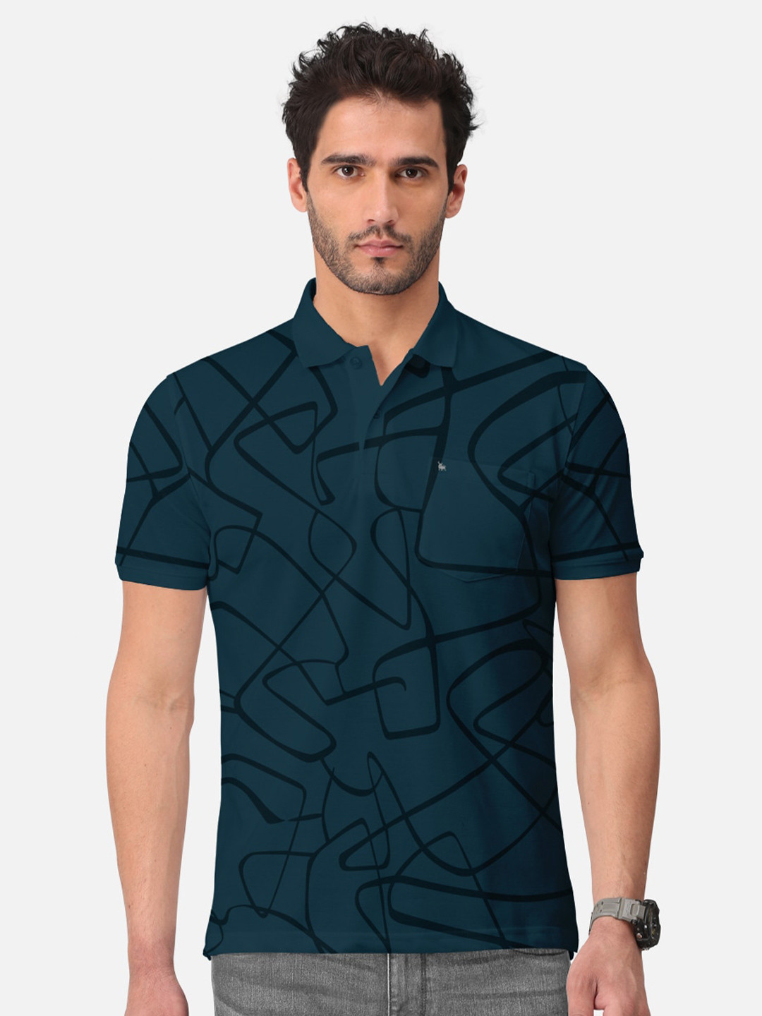

BULLMER Abstract Printed Polo Collar Short Sleeves Cotton T-shirt, Teal
