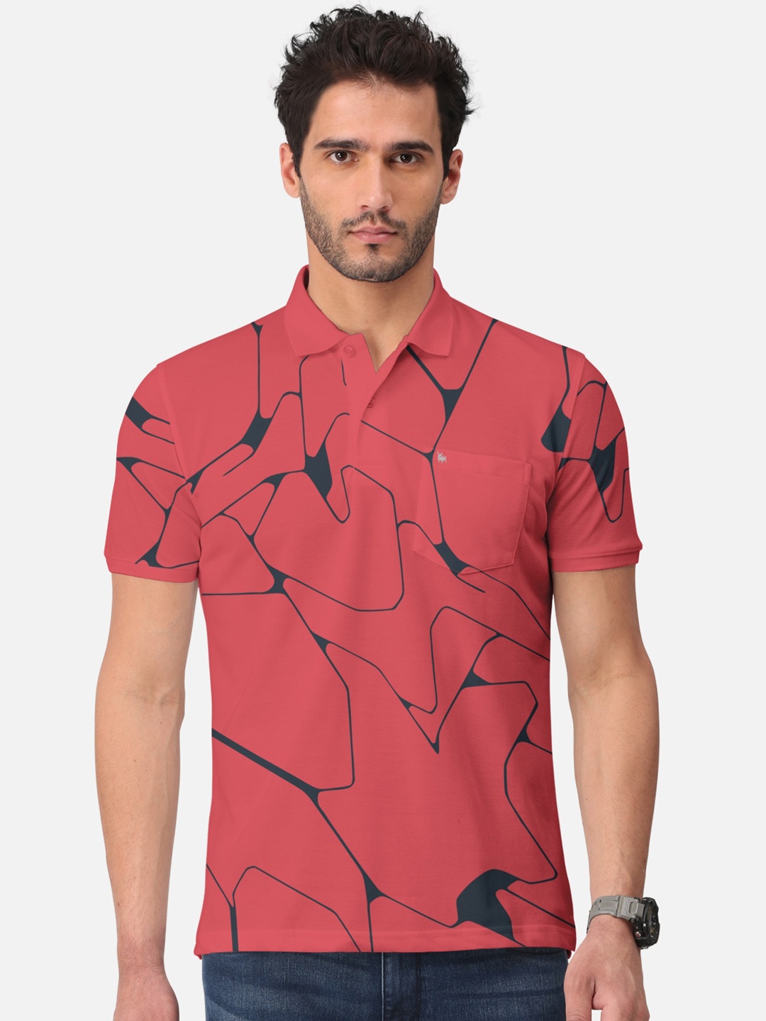 

BULLMER Abstract Printed Polo Collar Short Sleeves Cotton T-shirt, Red