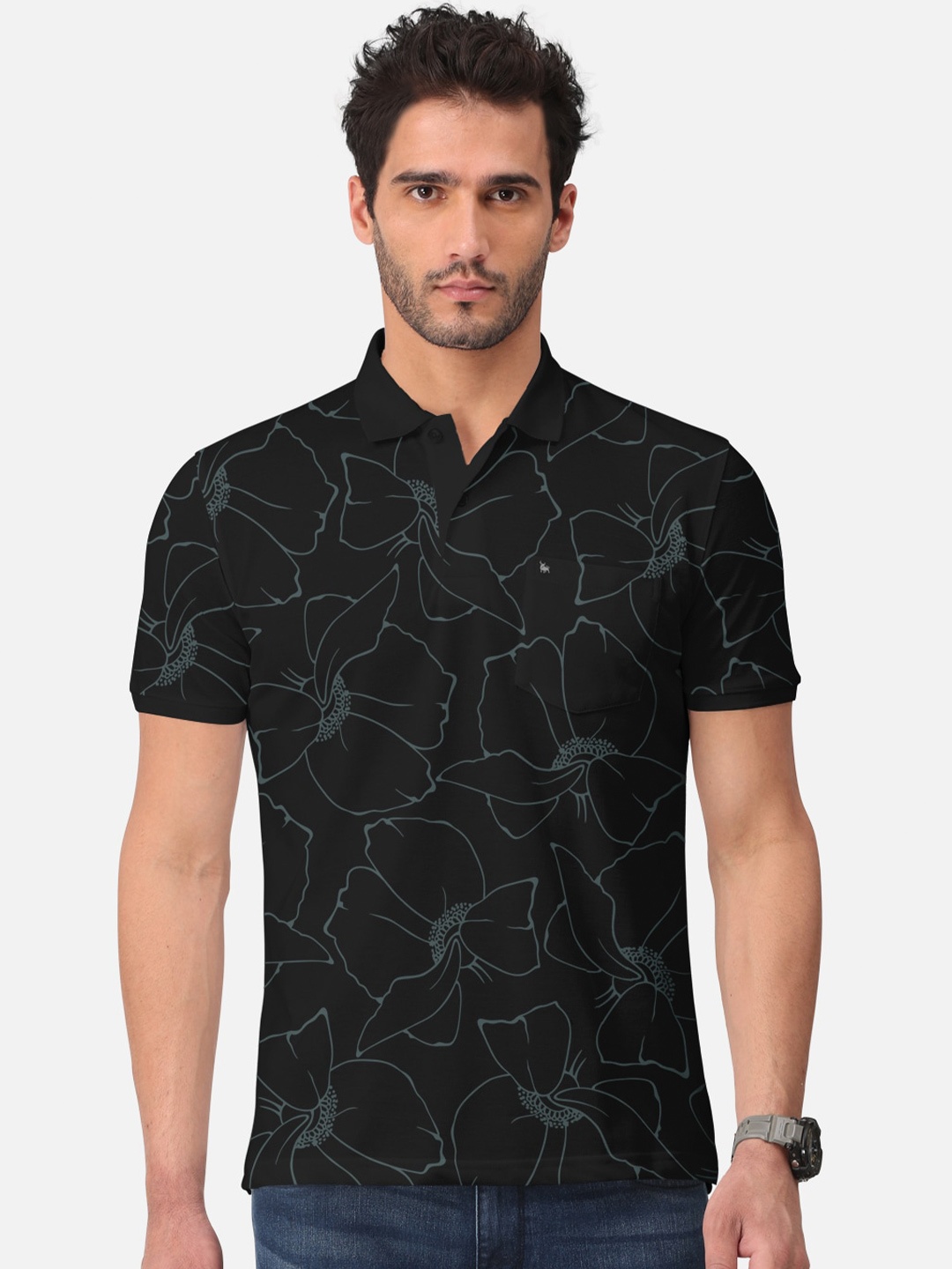 

BULLMER Floral Printed Polo Collar Cotton T-shirt, Black