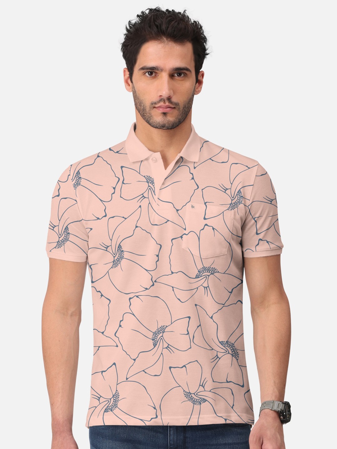 

BULLMER Floral Printed Polo Collar Cotton T-shirt, Peach
