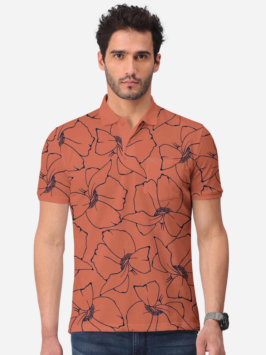 

BULLMER Floral Printed Polo Collar Short Sleeves Cotton T-shirt, Orange