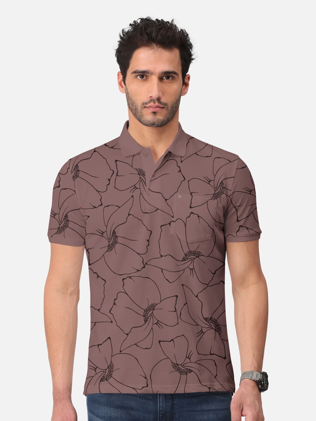 

BULLMER Floral Printed Polo Collar Short Sleeves Cotton T-shirt, Taupe