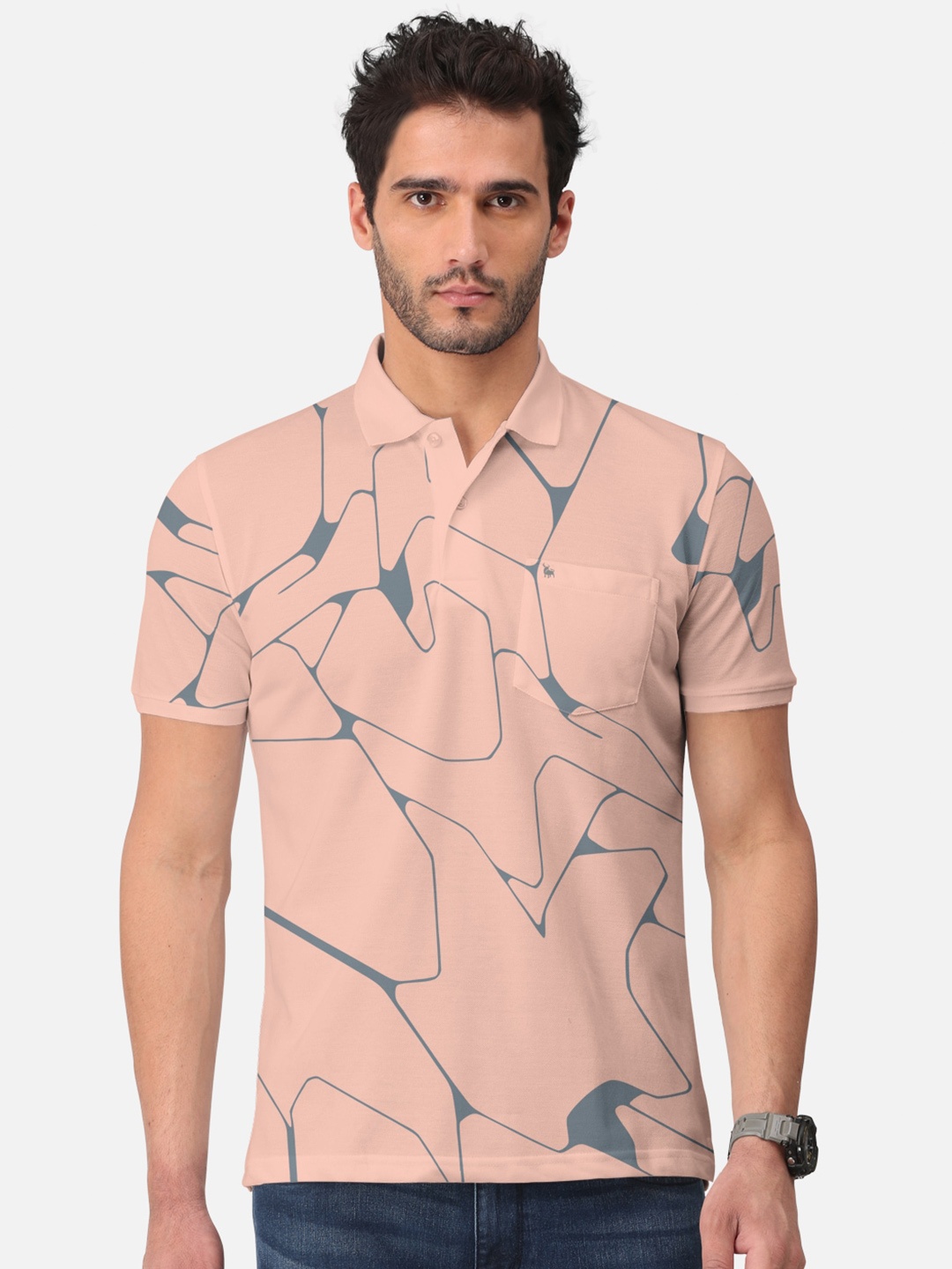 

BULLMER Abstract Printed Polo Collar Short Sleeves Cotton T-shirt, Peach