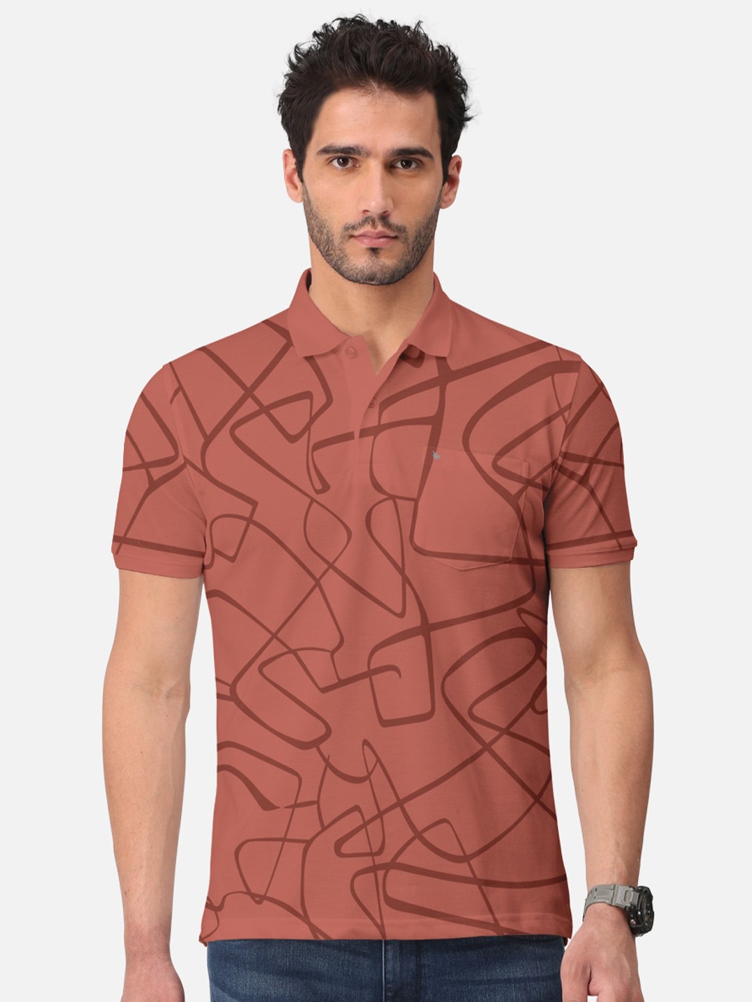 

BULLMER Abstract Printed Polo Collar Short Sleeves Cotton T-shirt, Brown