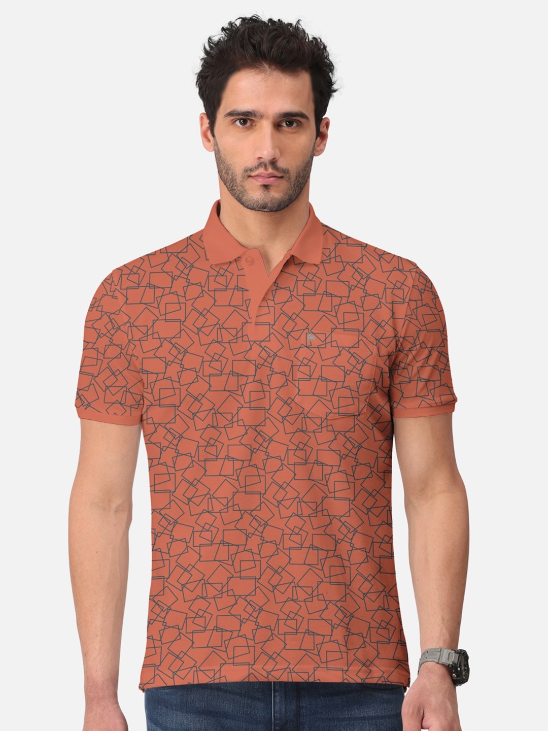 

BULLMER Geometric Printed Polo Collar Short Sleeves Cotton T-shirt, Orange