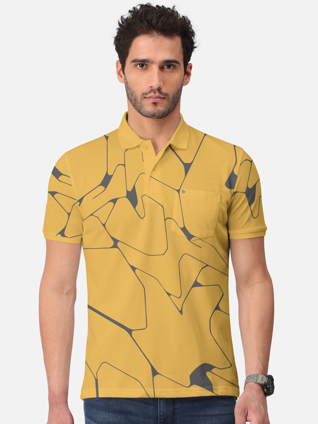 

BULLMER Abstract Printed Polo Collar Cotton T-shirt, Mustard