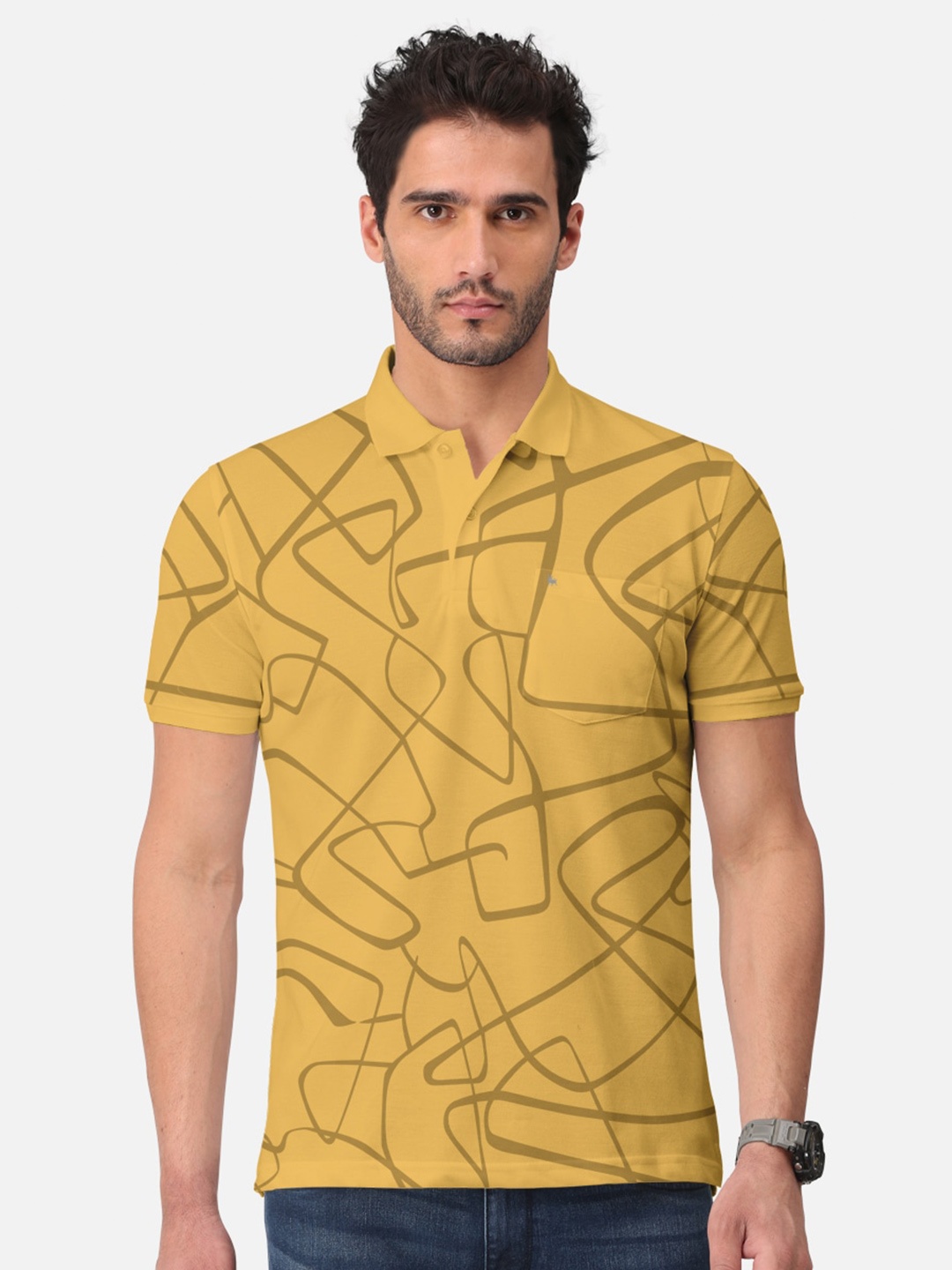 

BULLMER Abstract Printed Polo Collar Cotton T-shirt, Mustard
