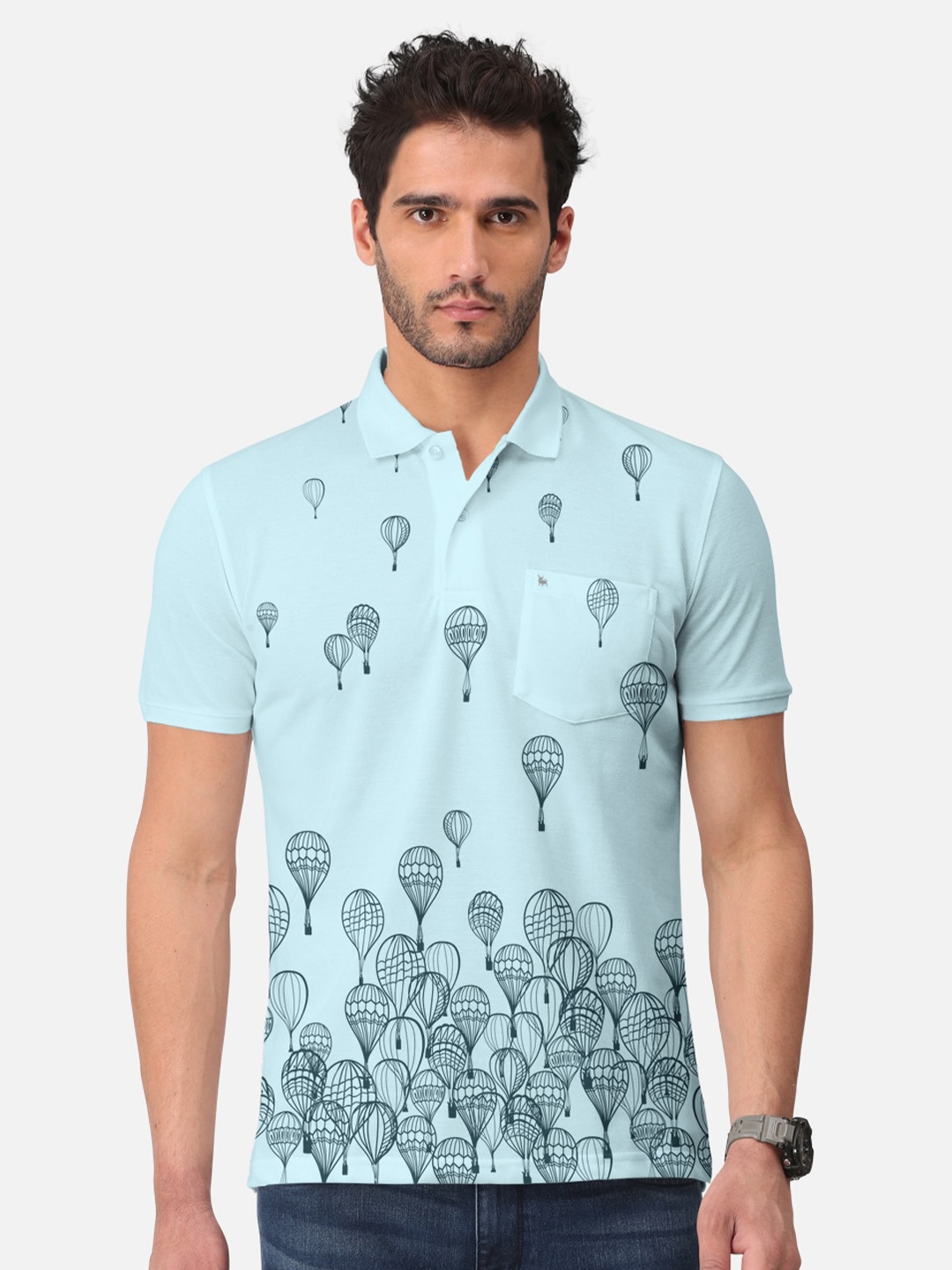 

BULLMER Conversational Printed Polo Collar Cotton T-shirt, Blue