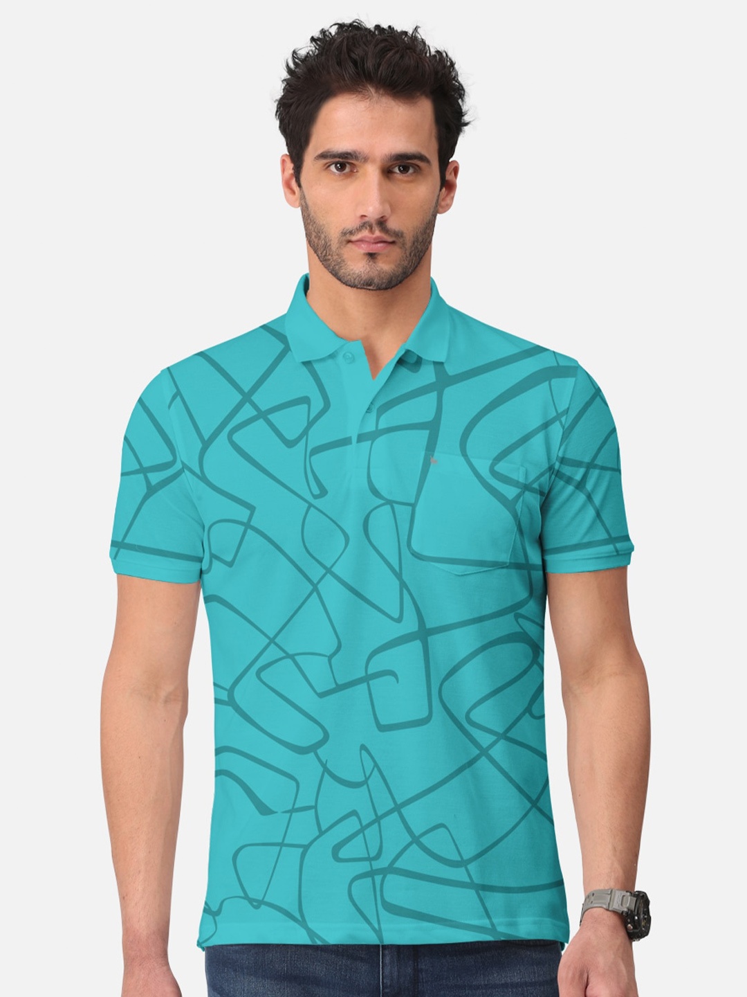 

BULLMER Abstract Printed Polo Collar Short Sleeves Cotton T-shirt, Teal