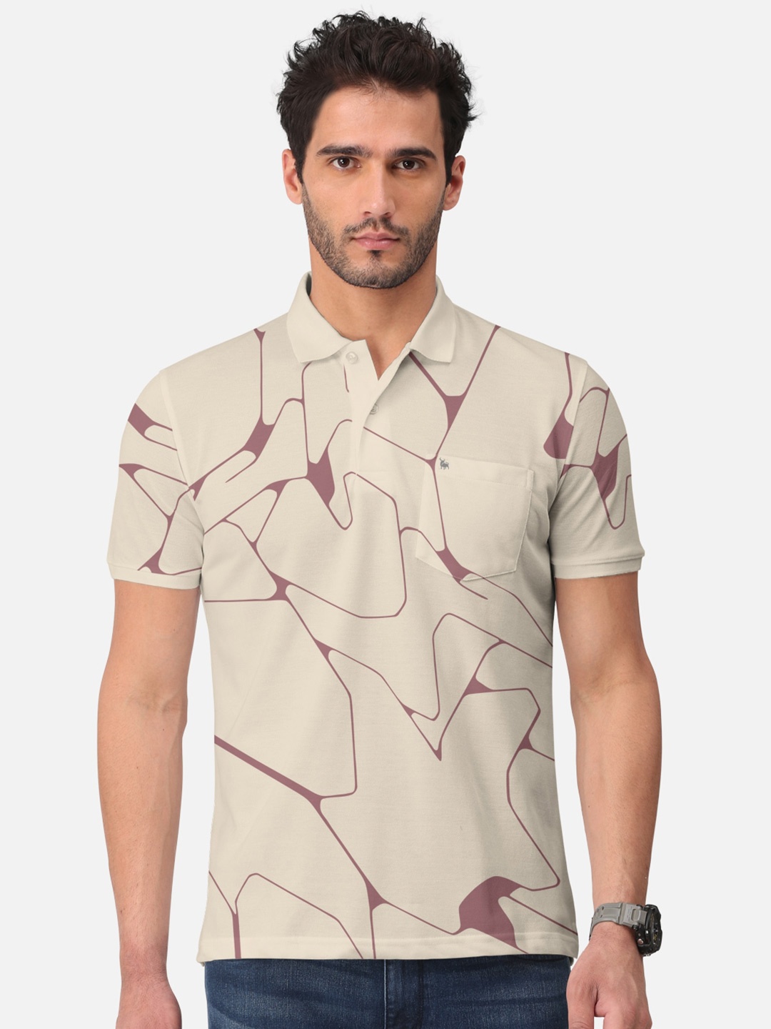 

BULLMER Abstract Printed Polo Collar Cotton T-shirt, Beige