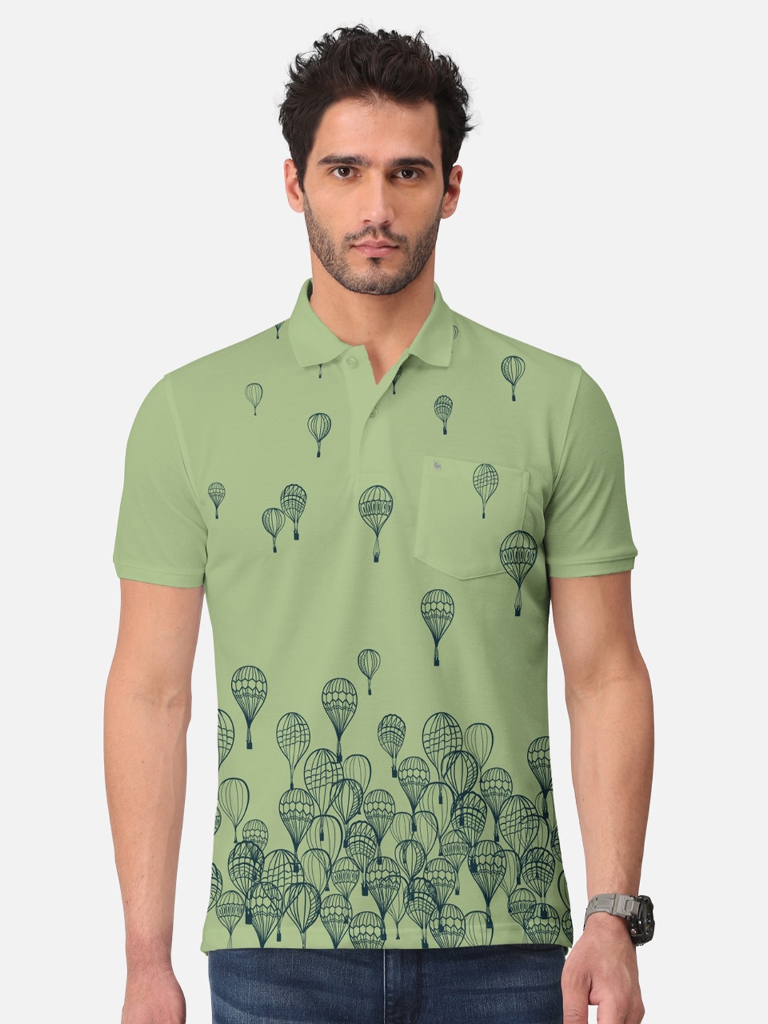 

BULLMER Conversational Printed Polo Collar Cotton T-Shirt, Green