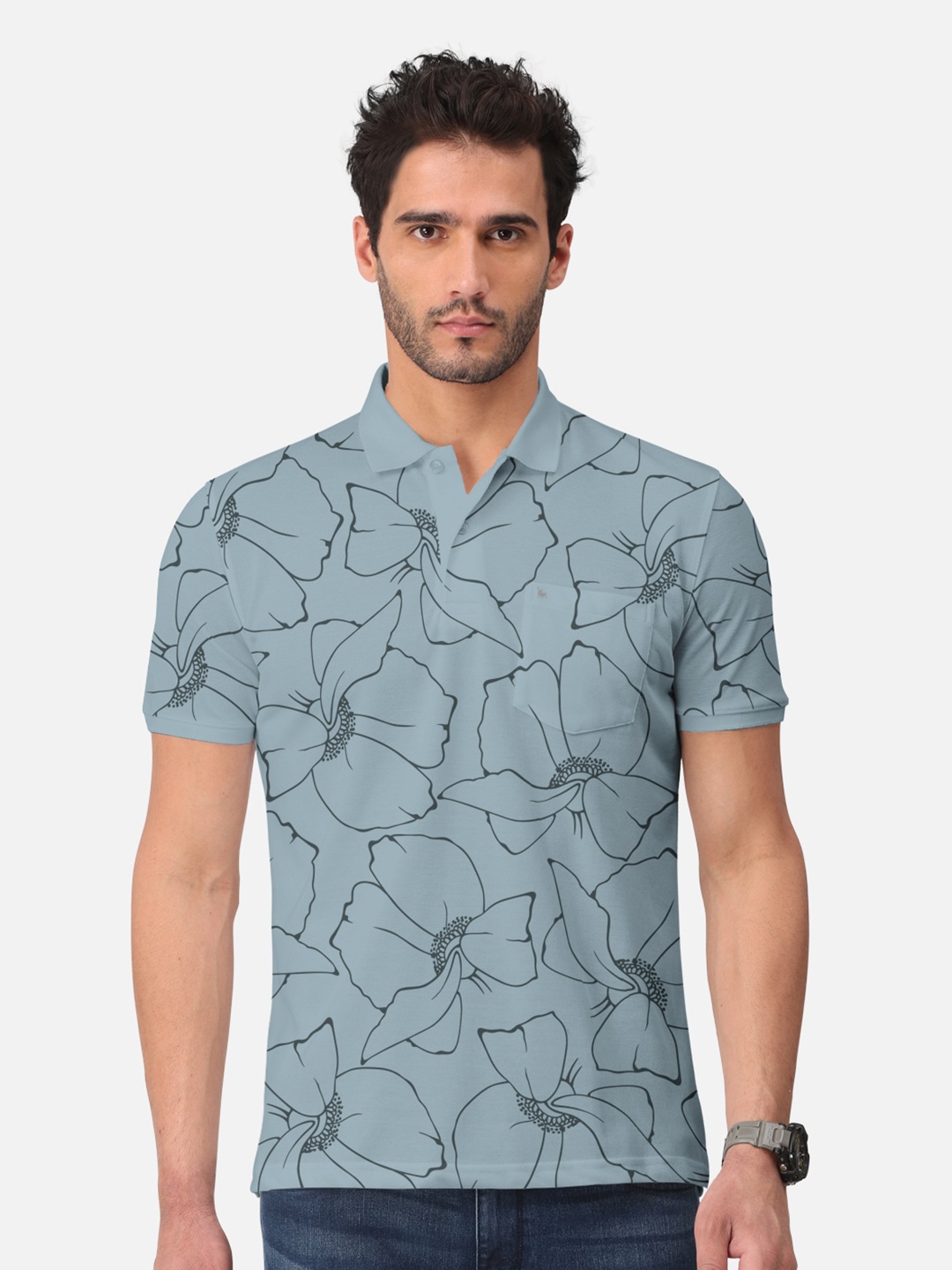 

BULLMER Floral Printed Polo Collar Cotton T-shirt, Grey